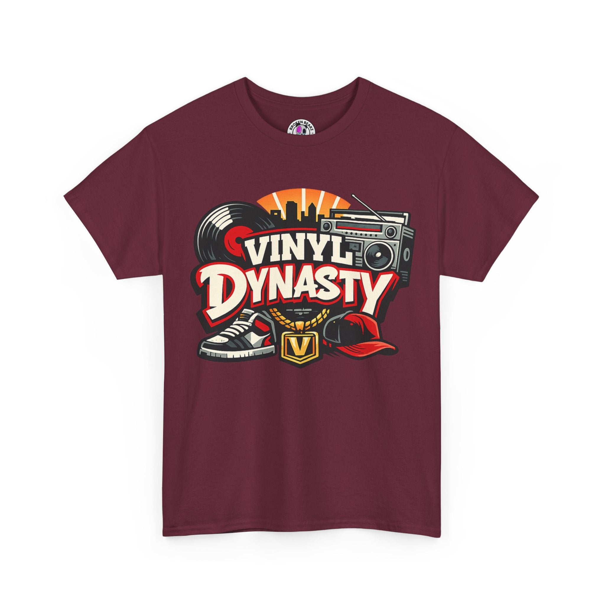 T-Shirt — "Vinyl Dynasty" Retro Music Tee (Record, Boombox & Sneaker Graphic)