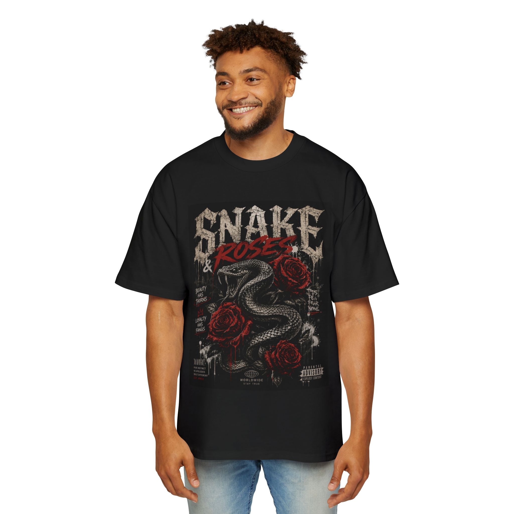 Snake & Roses Graphic Tee — Men's Oversized Rock Band Shirt