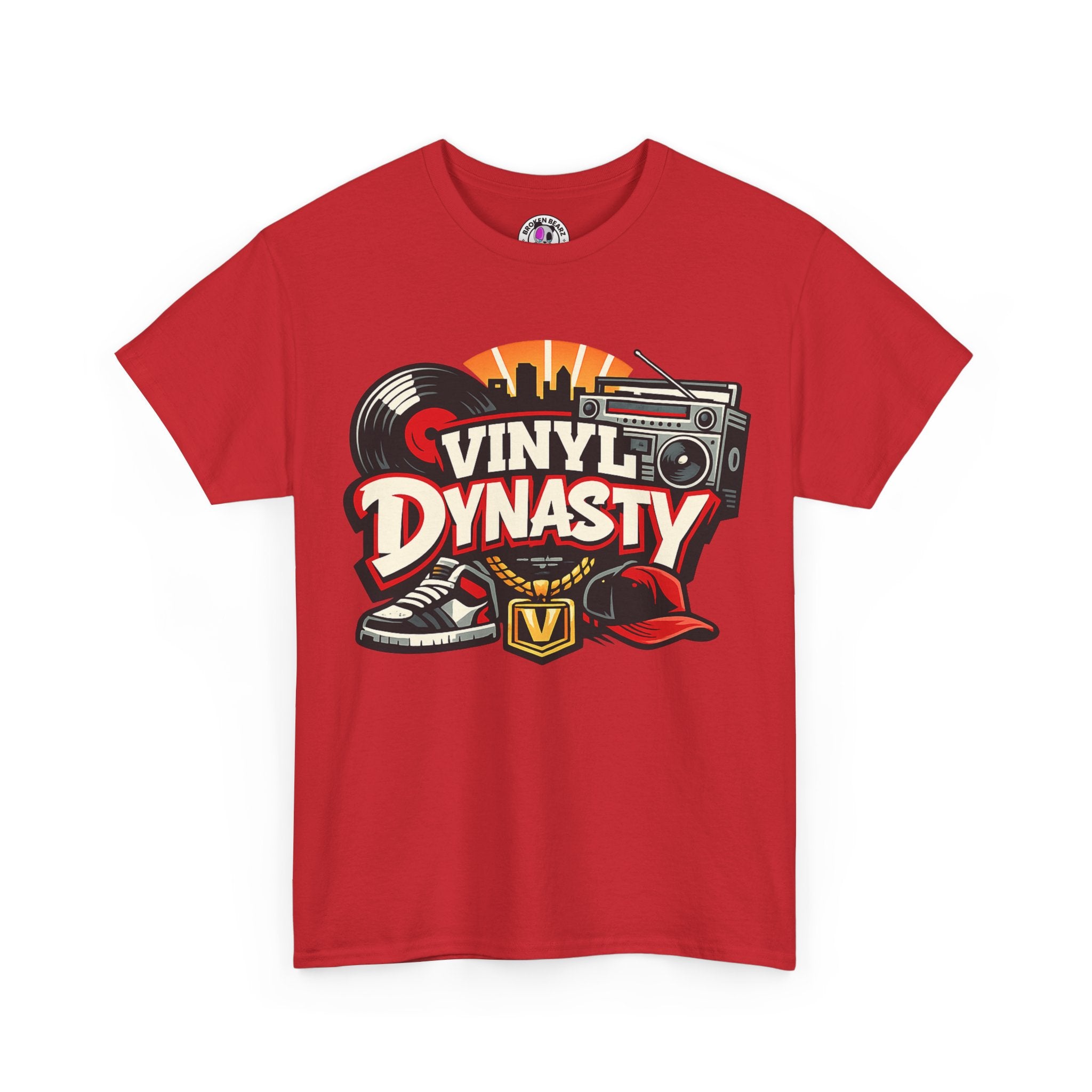 T-Shirt — "Vinyl Dynasty" Retro Music Tee (Record, Boombox & Sneaker Graphic)