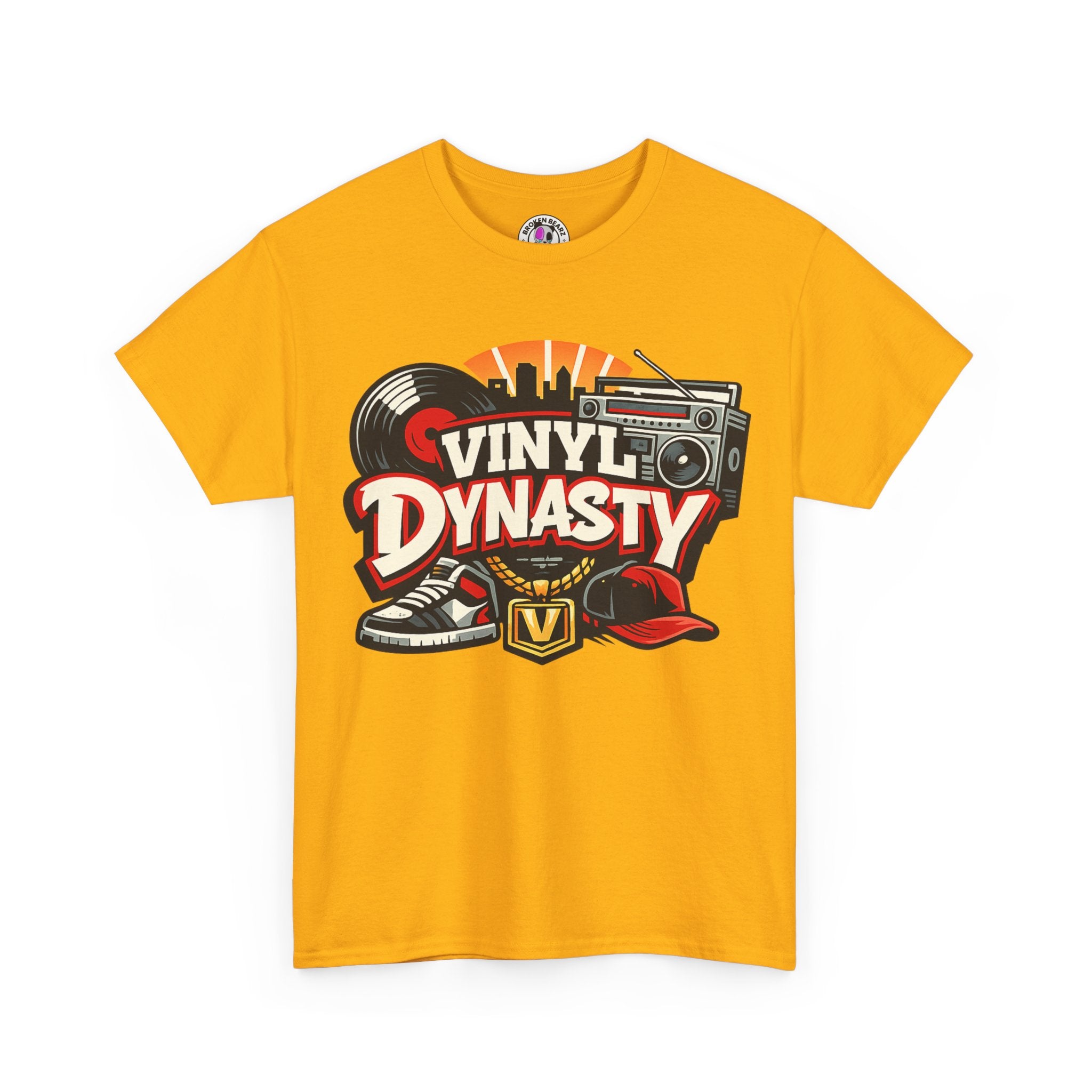 T-Shirt — "Vinyl Dynasty" Retro Music Tee (Record, Boombox & Sneaker Graphic)