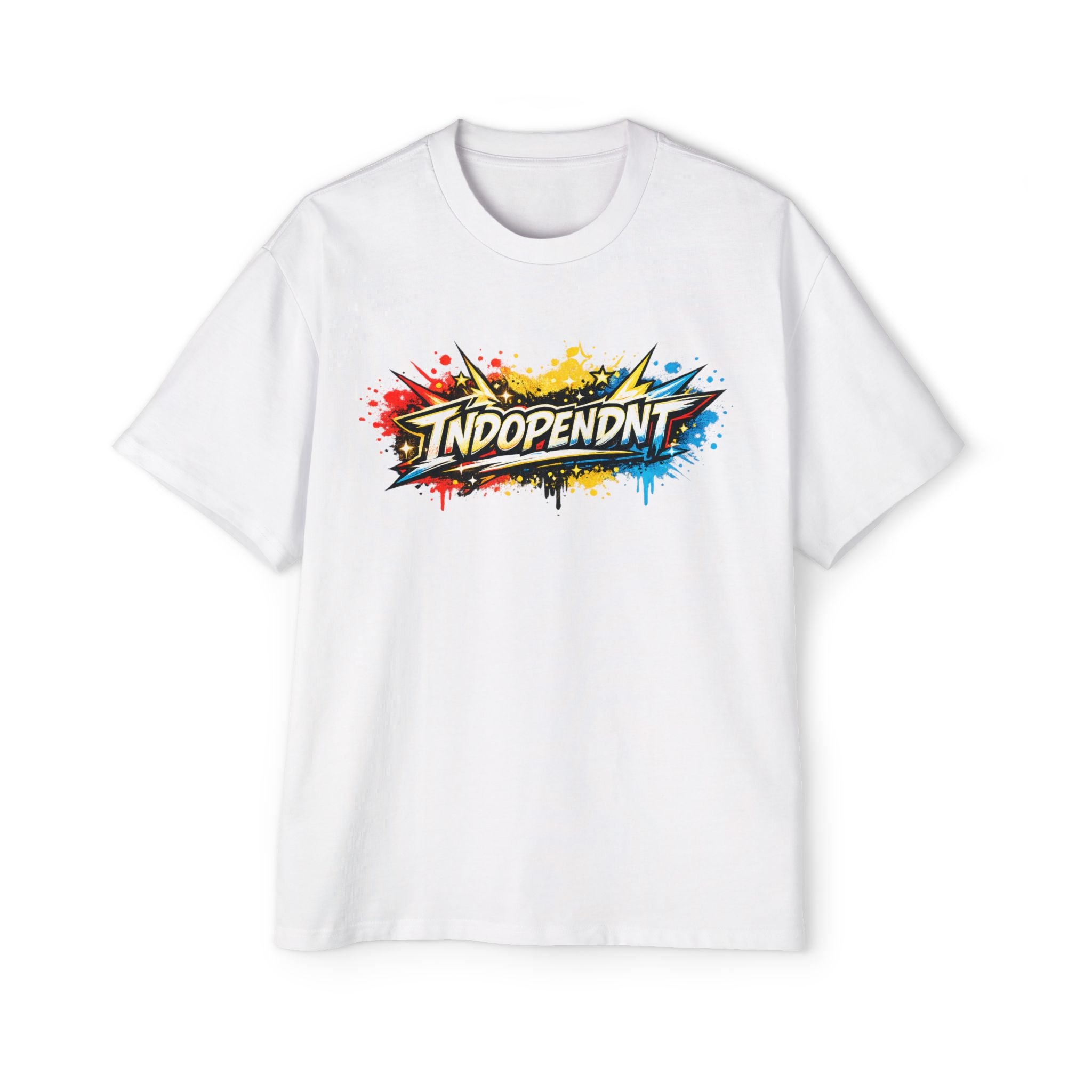 Independent Comic-Style Graphic Tee — Bold Color Splash Logo
