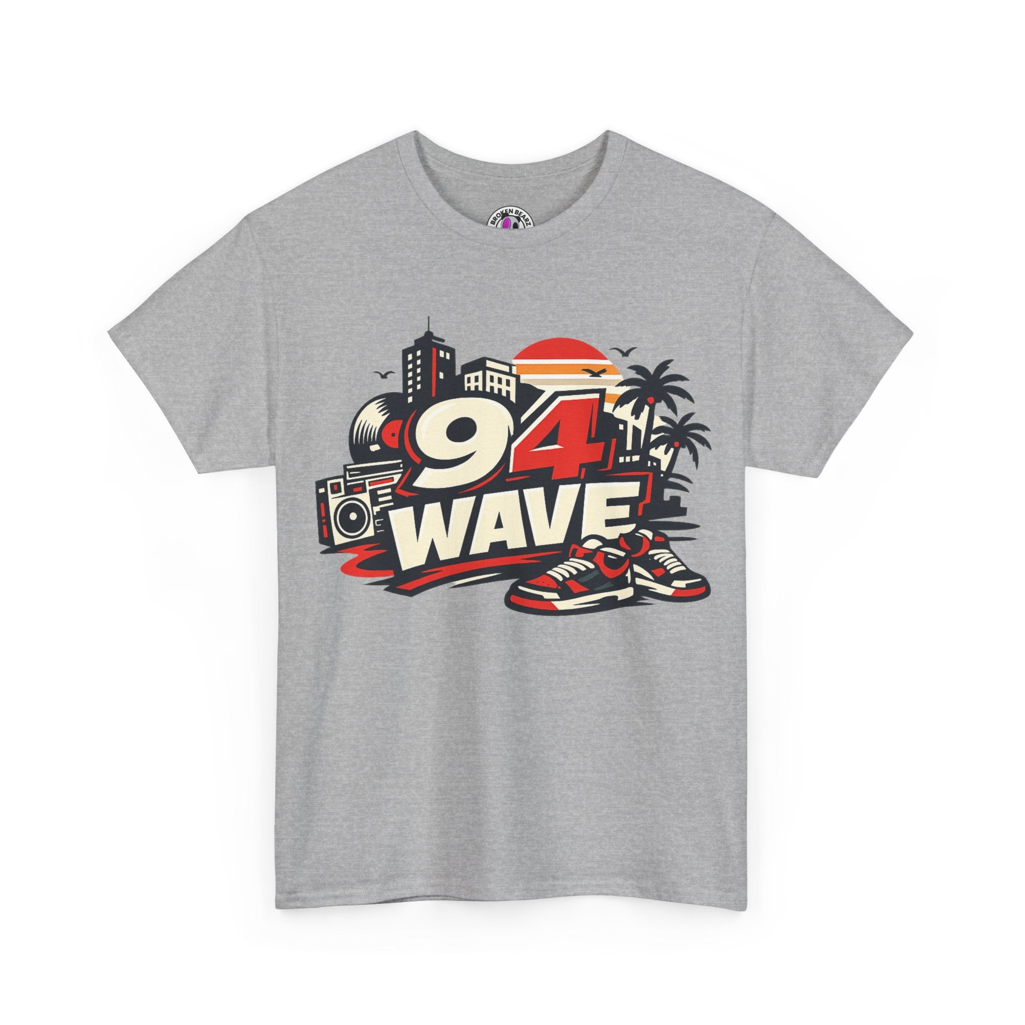 94 Wave Retro Beach Tee — Vintage Radio, Sneakers & Palm Trees Graphic Shirt
