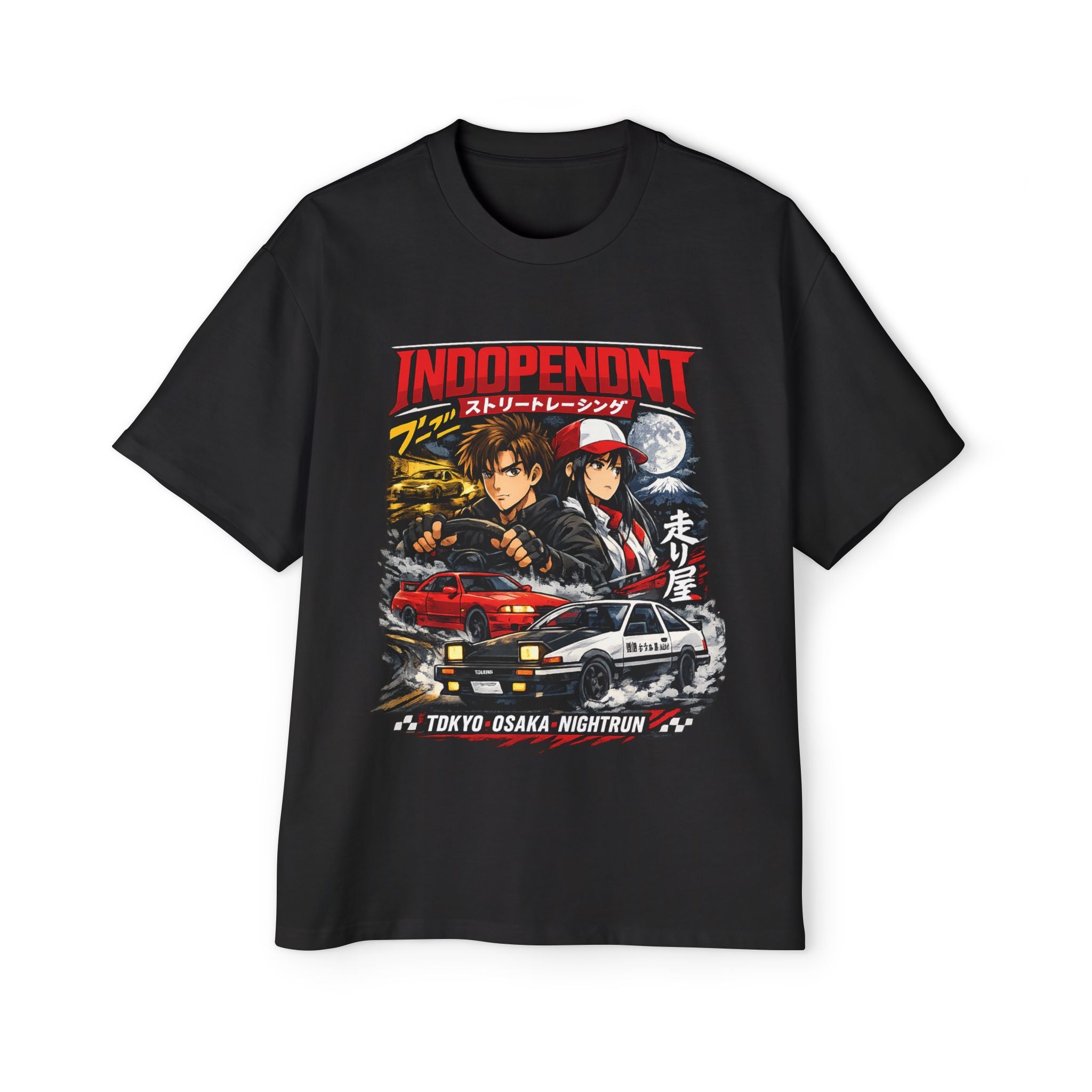 INDOPENDNT Tokyo Night Run Anime Racing Graphic Tee — Men's Oversized Heavy Cotton T-Shirt