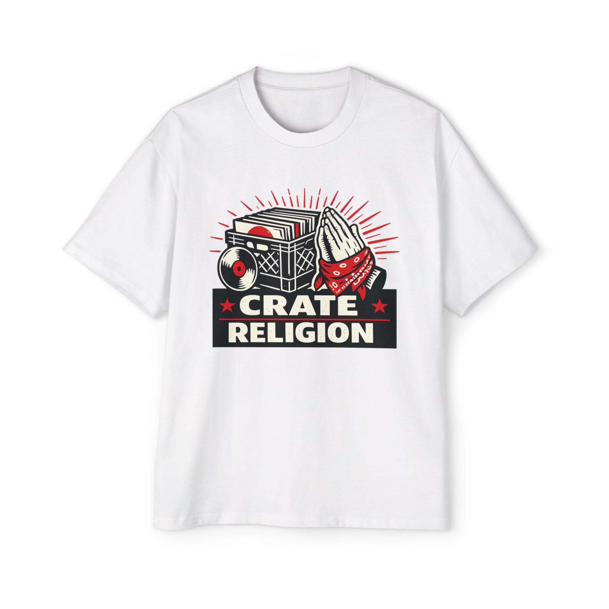 Crate Religion Tee — Vintage Boombox & Praying Hands Graphic T-Shirt