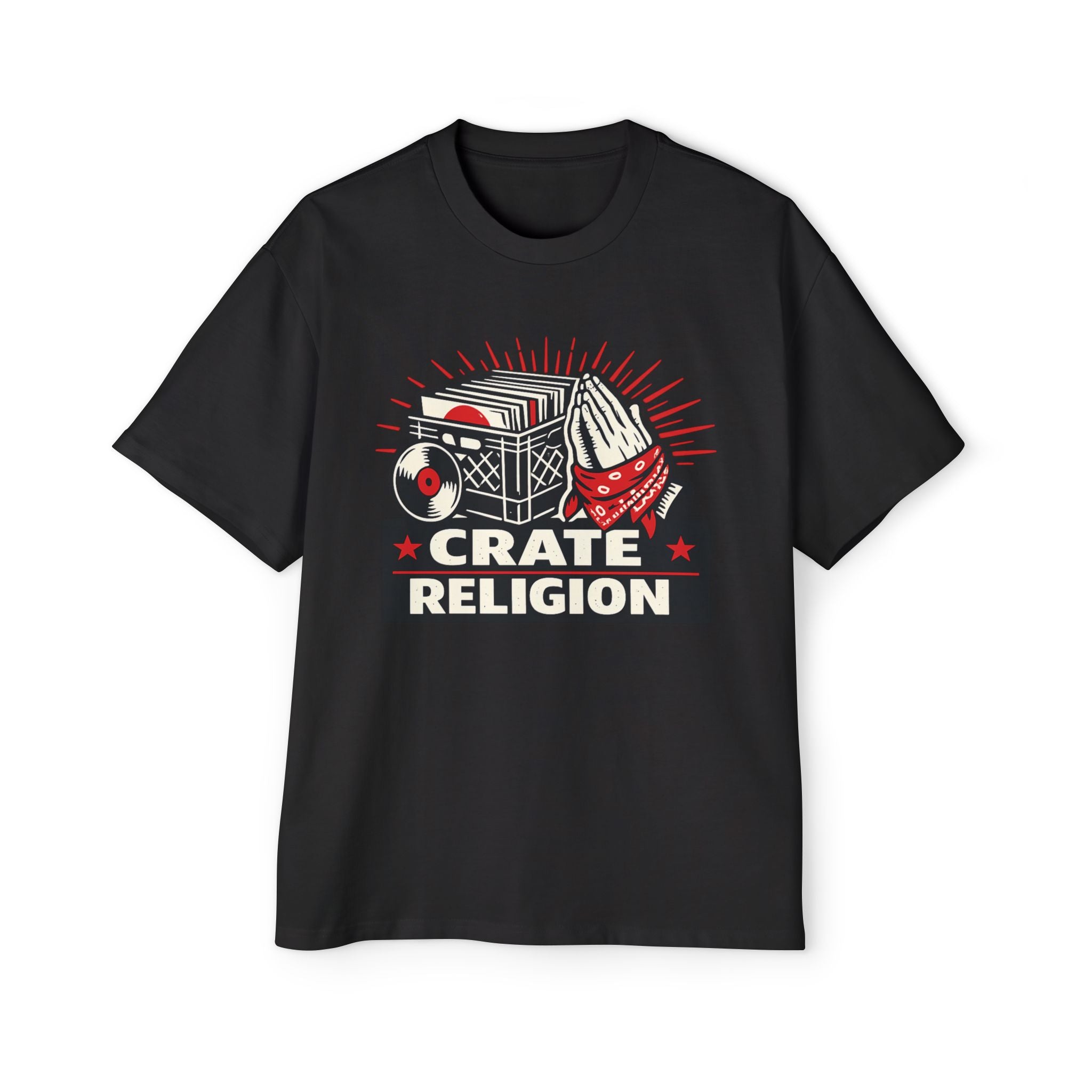 Crate Religion Tee — Vintage Boombox & Praying Hands Graphic T-Shirt