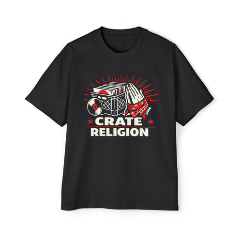 Crate Religion Tee — Vintage Boombox & Praying Hands Graphic T-Shirt