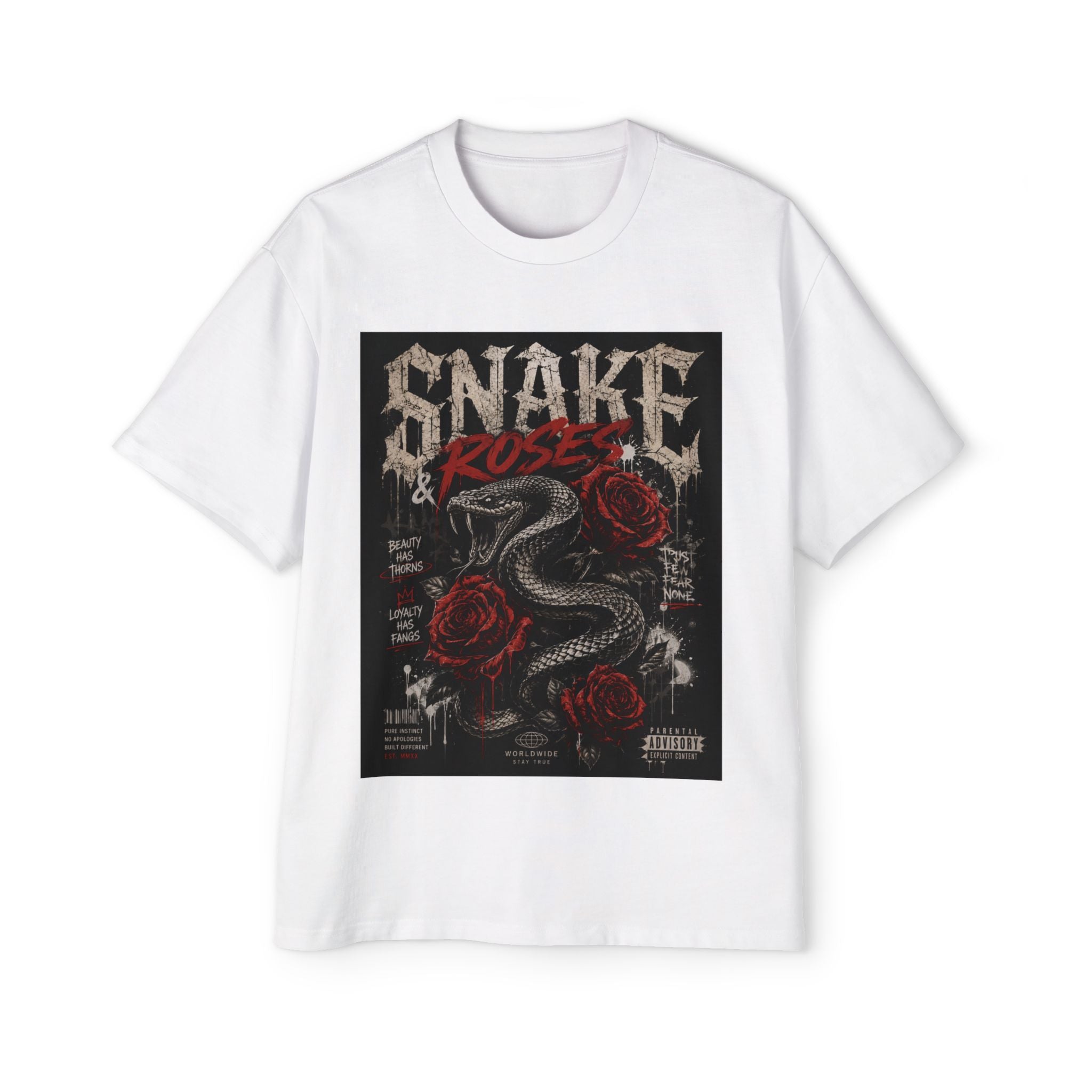 Snake & Roses Graphic Tee — Men's Oversized Rock Band Shirt