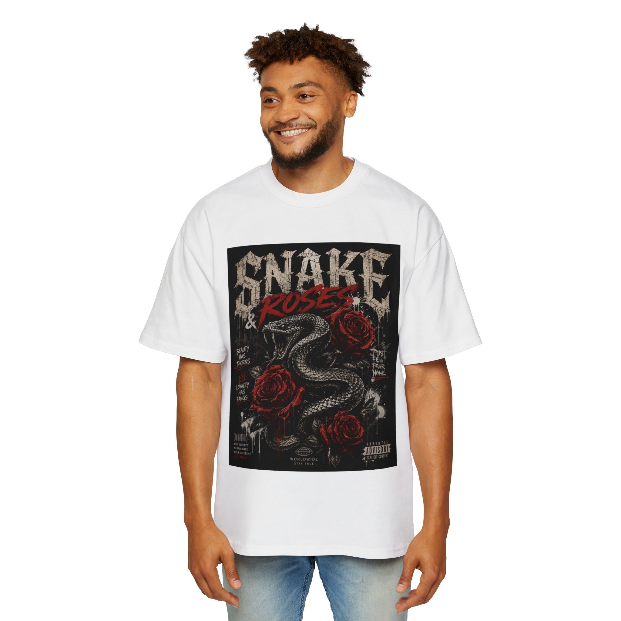 Snake & Roses Graphic Tee — Men's Oversized Rock Band Shirt