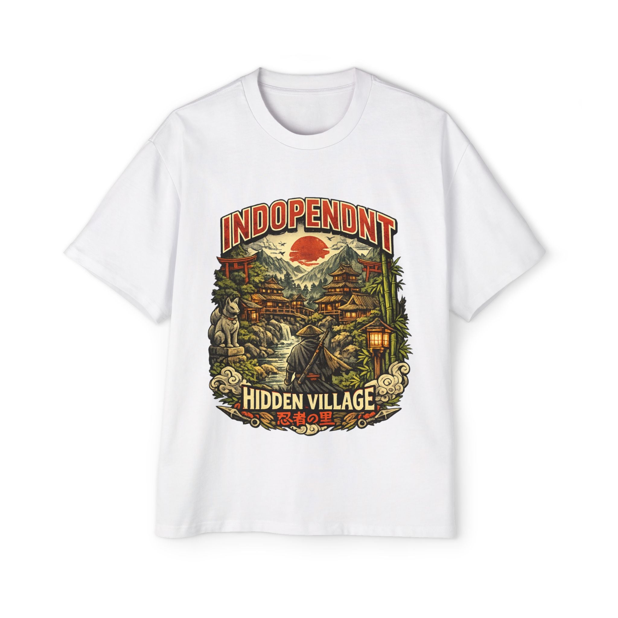 Independent Hidden Village Graphic Tee — Samurai Sunset Japanese Landscape Shirt