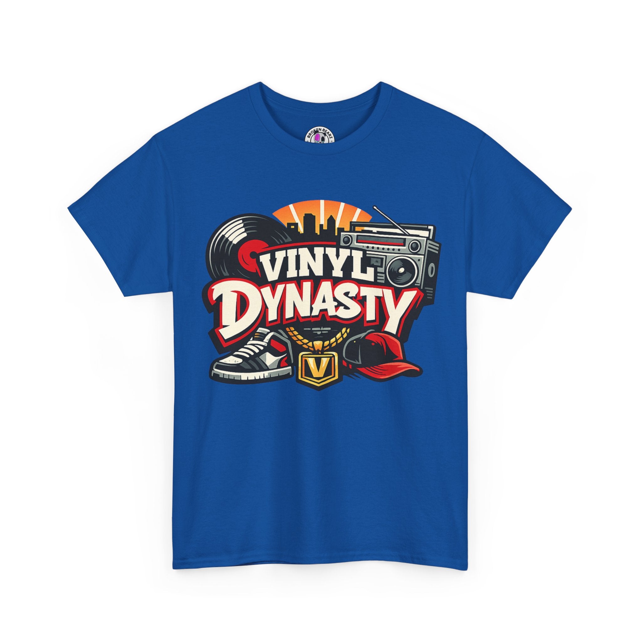 T-Shirt — "Vinyl Dynasty" Retro Music Tee (Record, Boombox & Sneaker Graphic)