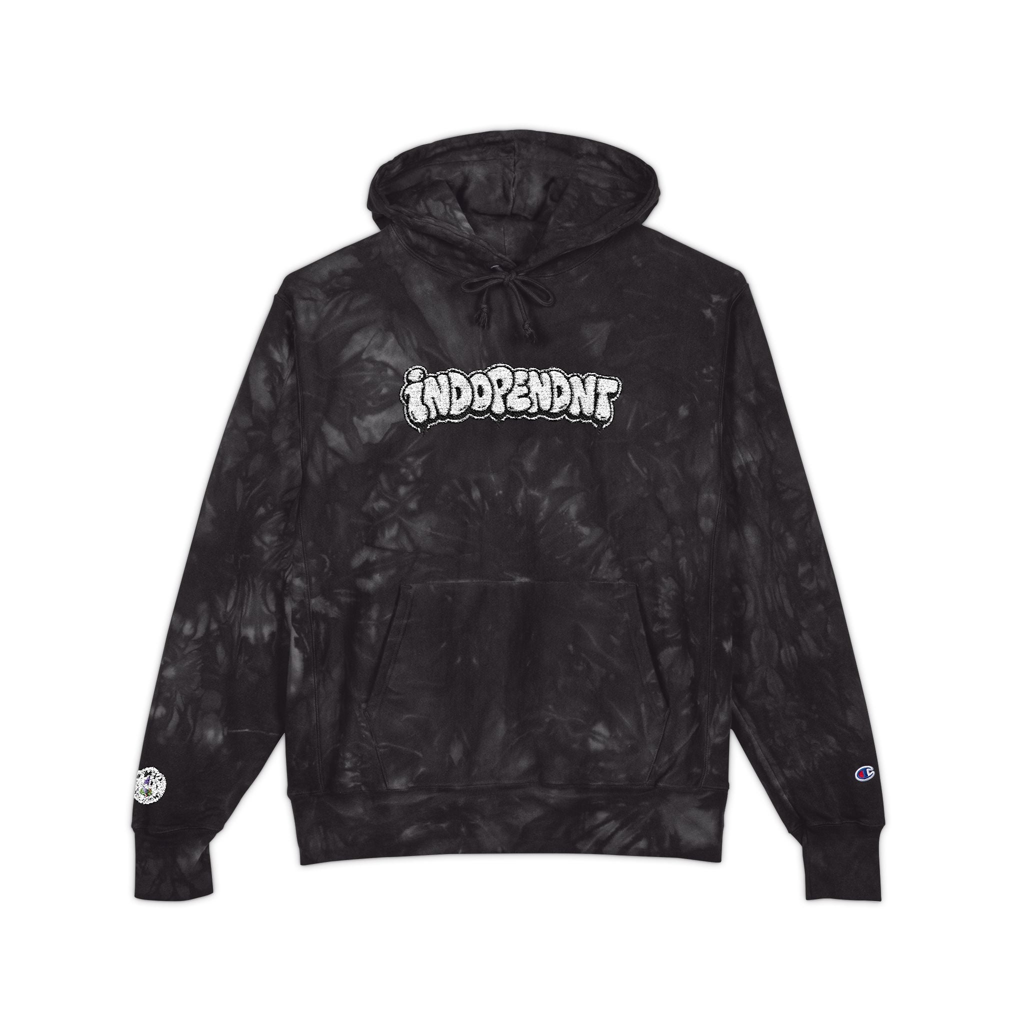 Black Tie-Dye Champion Hoodie with White Embroidered Logo — Streetwear Pullover