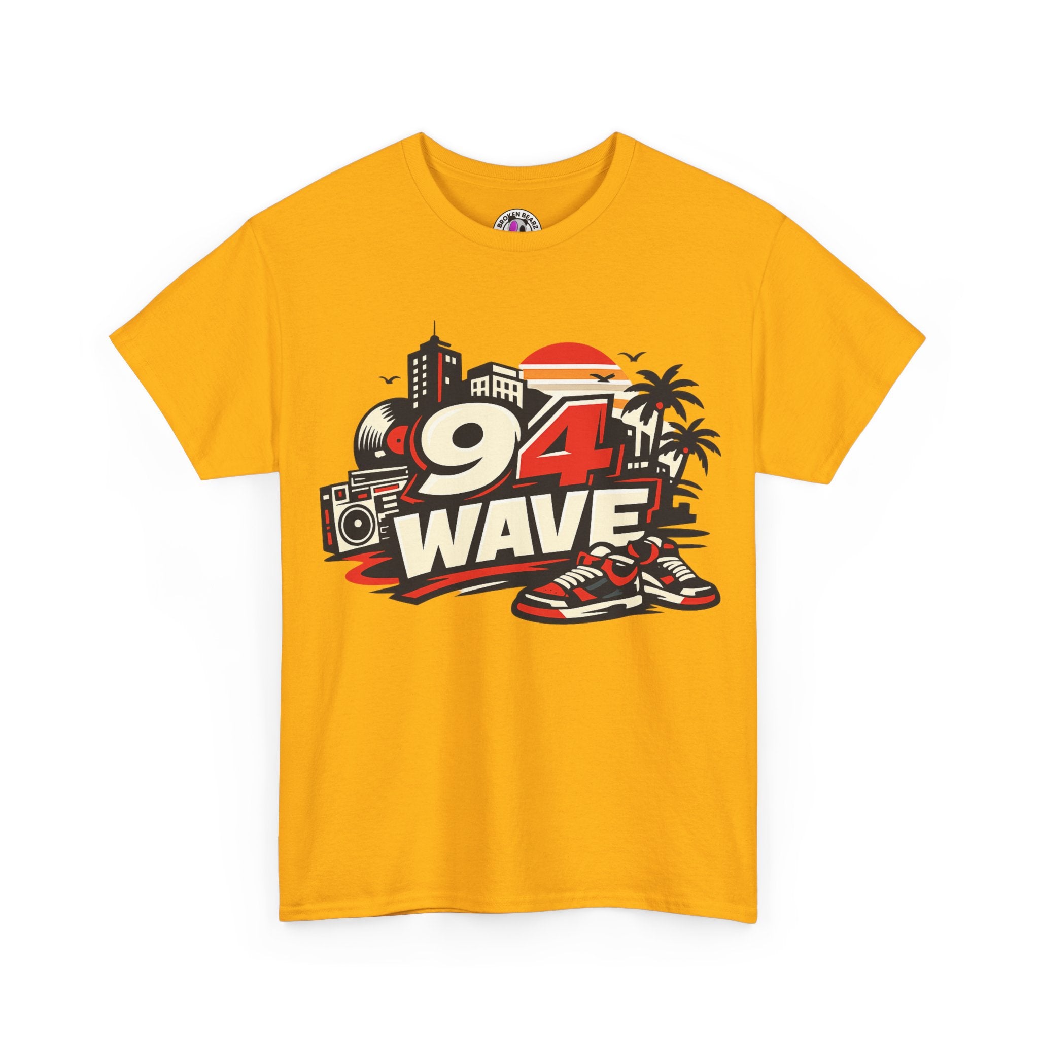 94 Wave Retro Beach Tee — Vintage Radio, Sneakers & Palm Trees Graphic Shirt