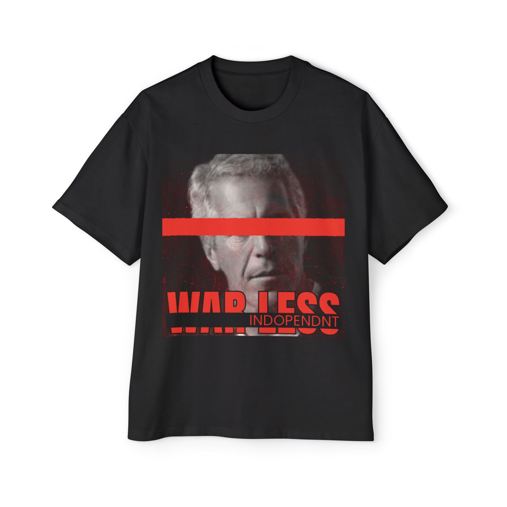 War Less Graphic Tee — Bold Red Bar Protest T‑Shirt
