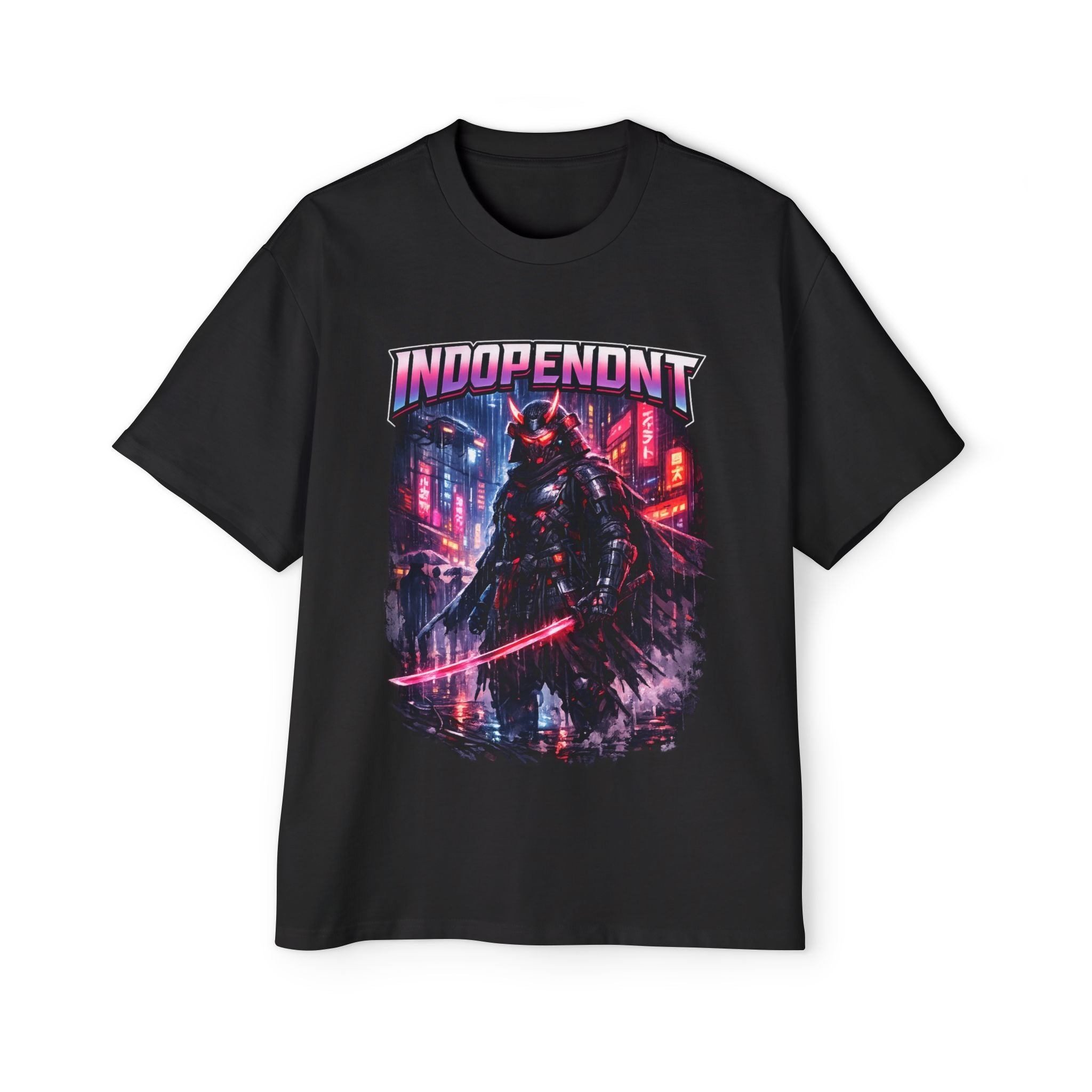 Independent Cyber Samurai Tee — Neon Retro Warrior Graphic Shirt