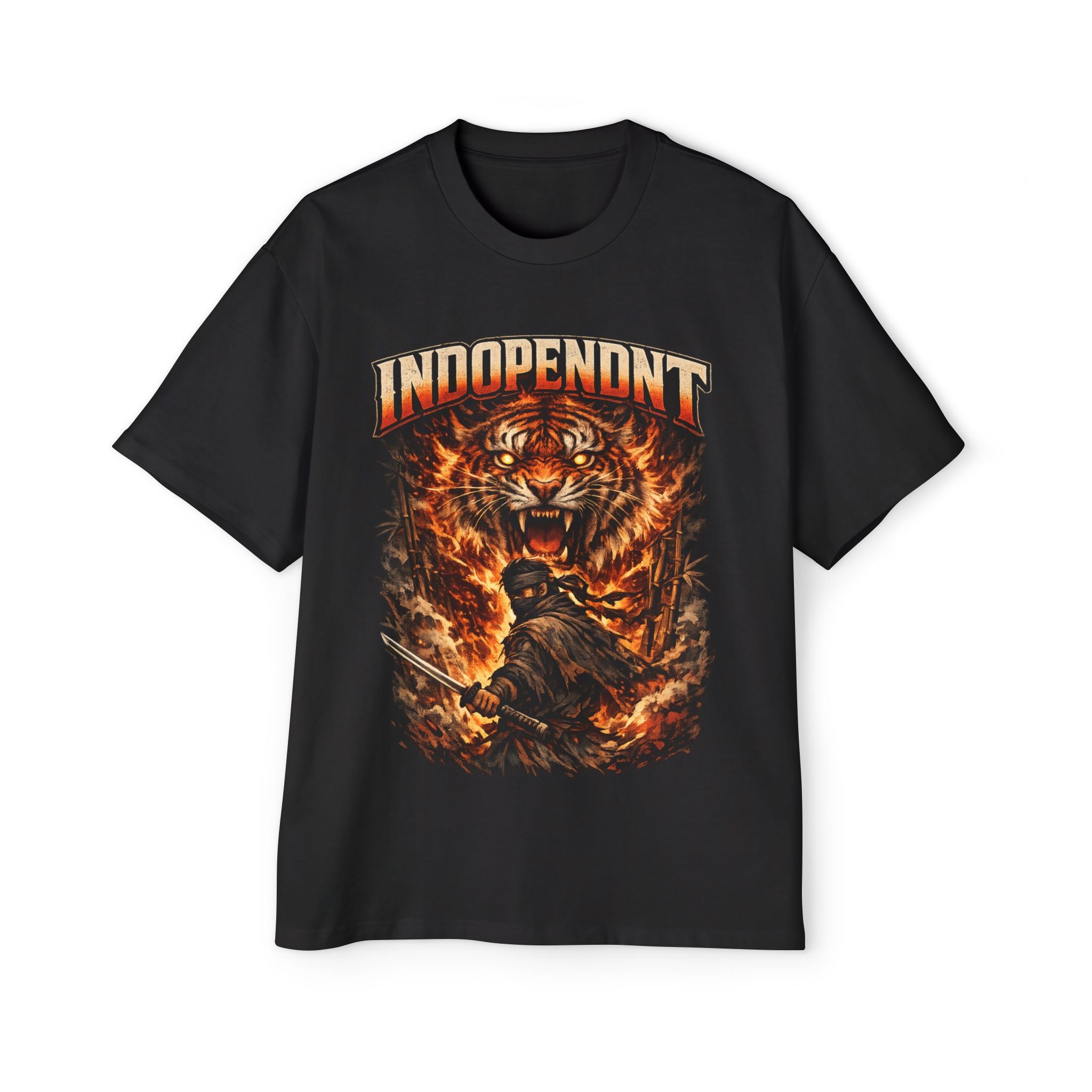 Independent Tiger Graphic Tee — Fierce Flame Skull & Warrior Men's Oversized T-Shirt