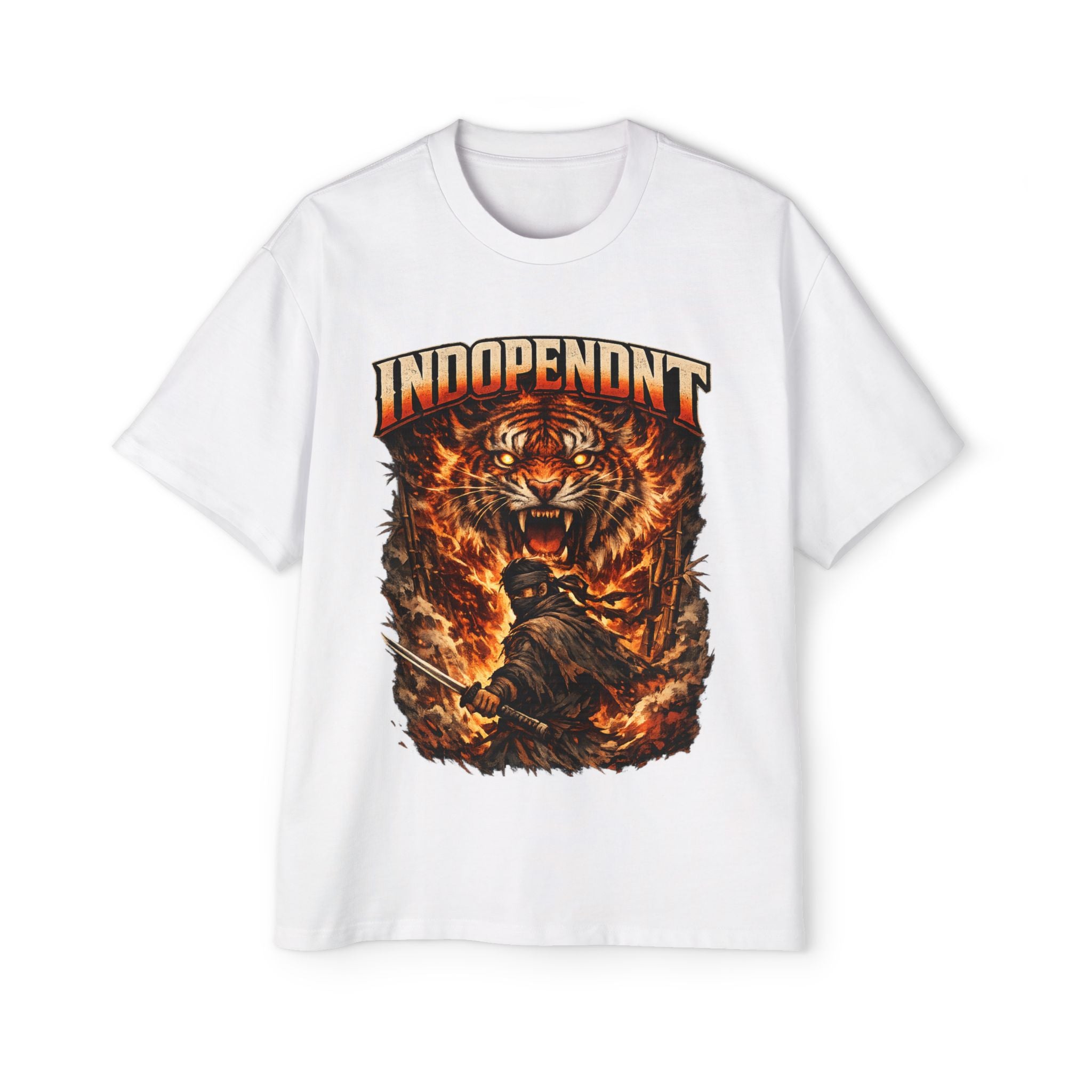 Independent Tiger Graphic Tee — Fierce Flame Skull & Warrior Men's Oversized T-Shirt