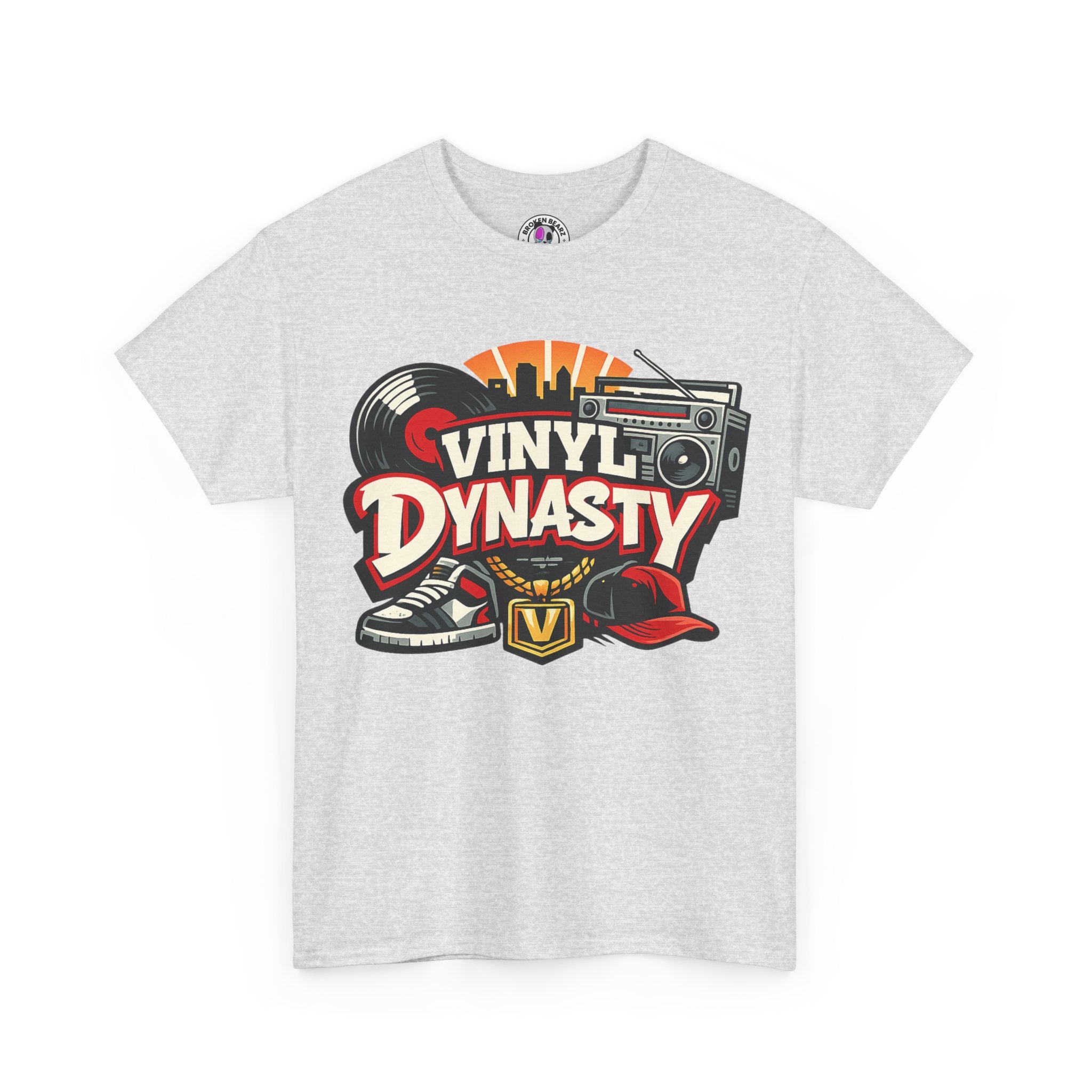 T-Shirt — "Vinyl Dynasty" Retro Music Tee (Record, Boombox & Sneaker Graphic)