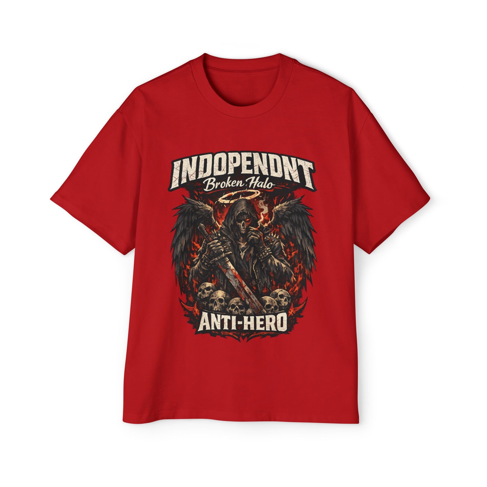 Graphic Tee — "Independent Broken Halo Anti-Hero" Oversized Skull & Wings Design