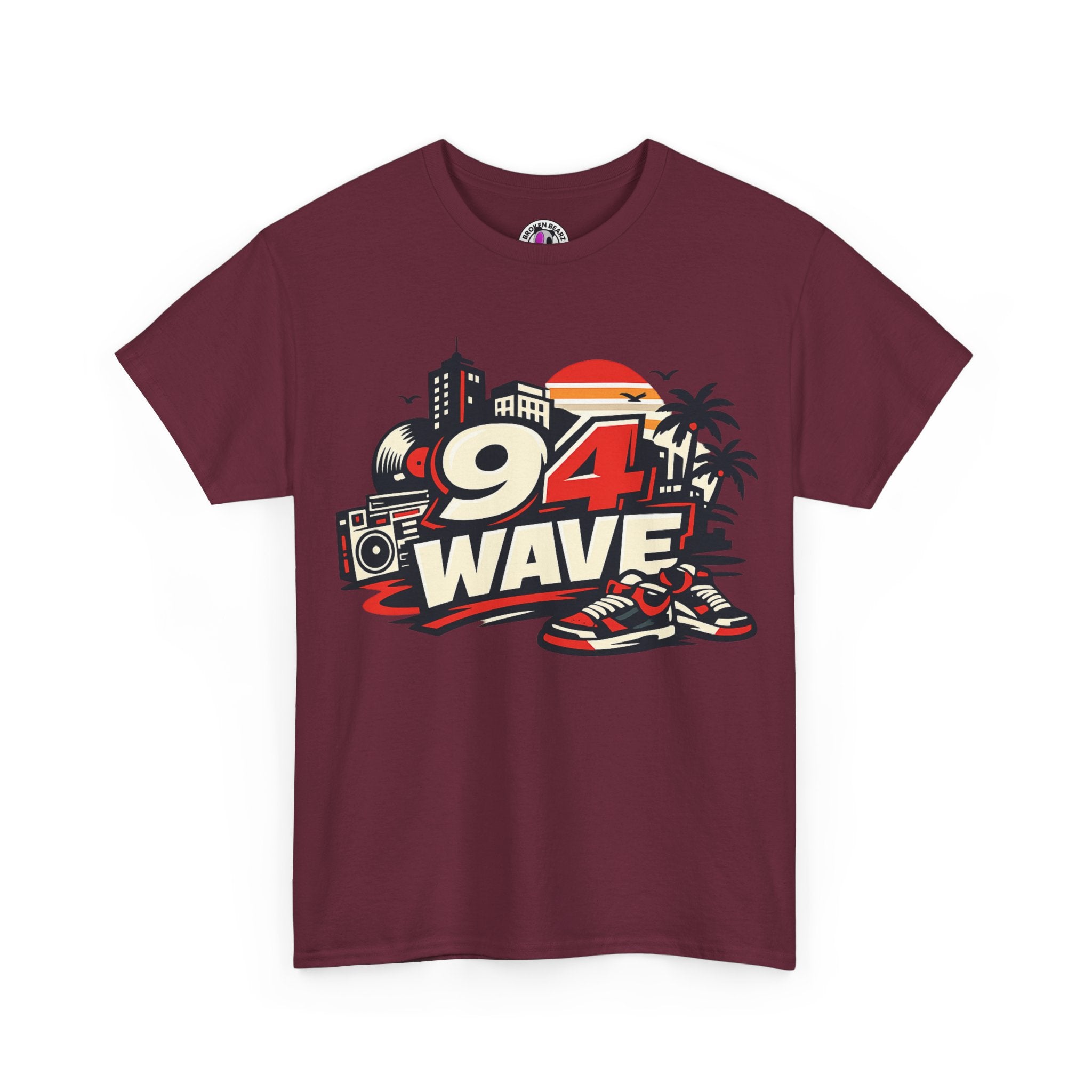 94 Wave Retro Beach Tee — Vintage Radio, Sneakers & Palm Trees Graphic Shirt