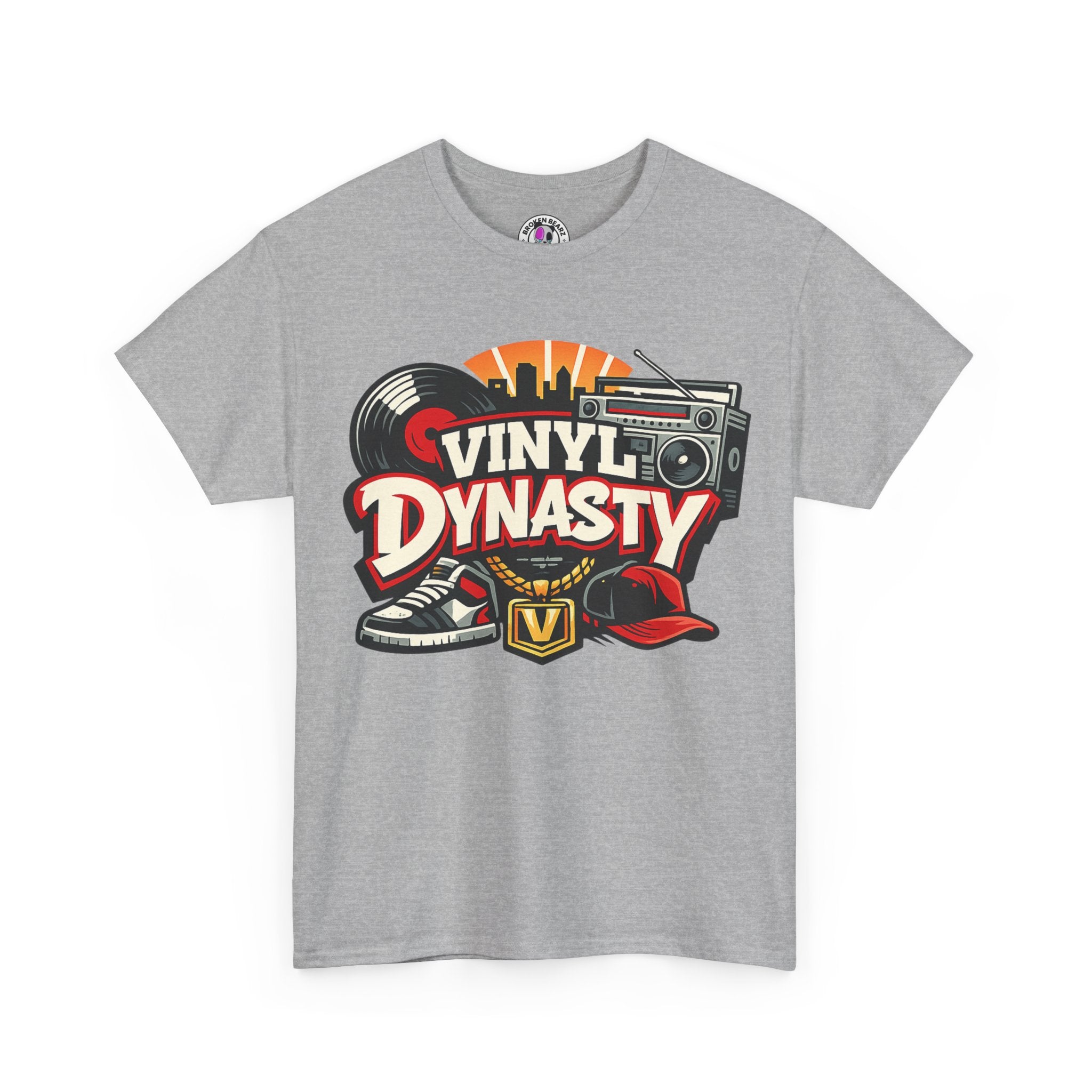 T-Shirt — "Vinyl Dynasty" Retro Music Tee (Record, Boombox & Sneaker Graphic)
