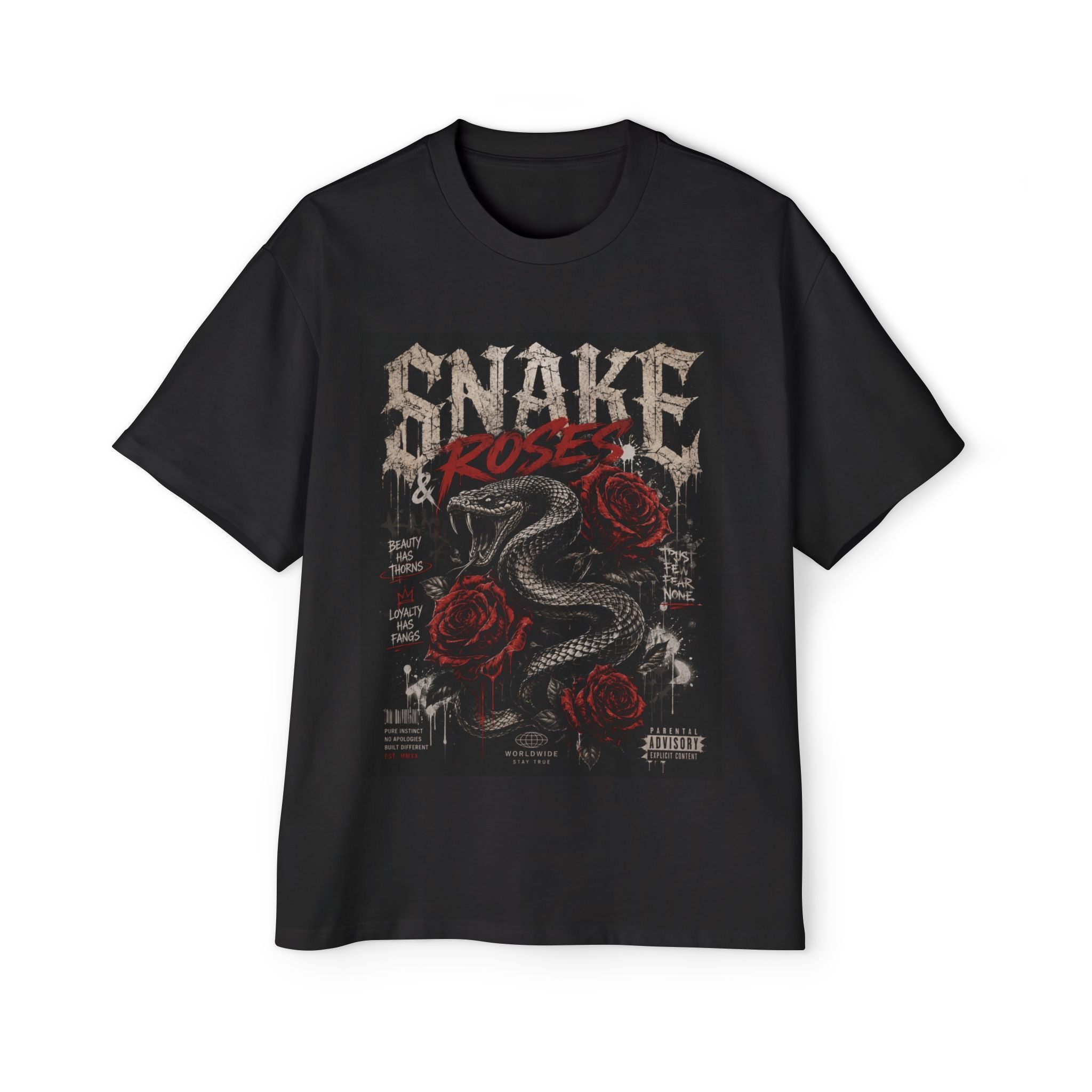 Snake & Roses Graphic Tee — Men's Oversized Rock Band Shirt