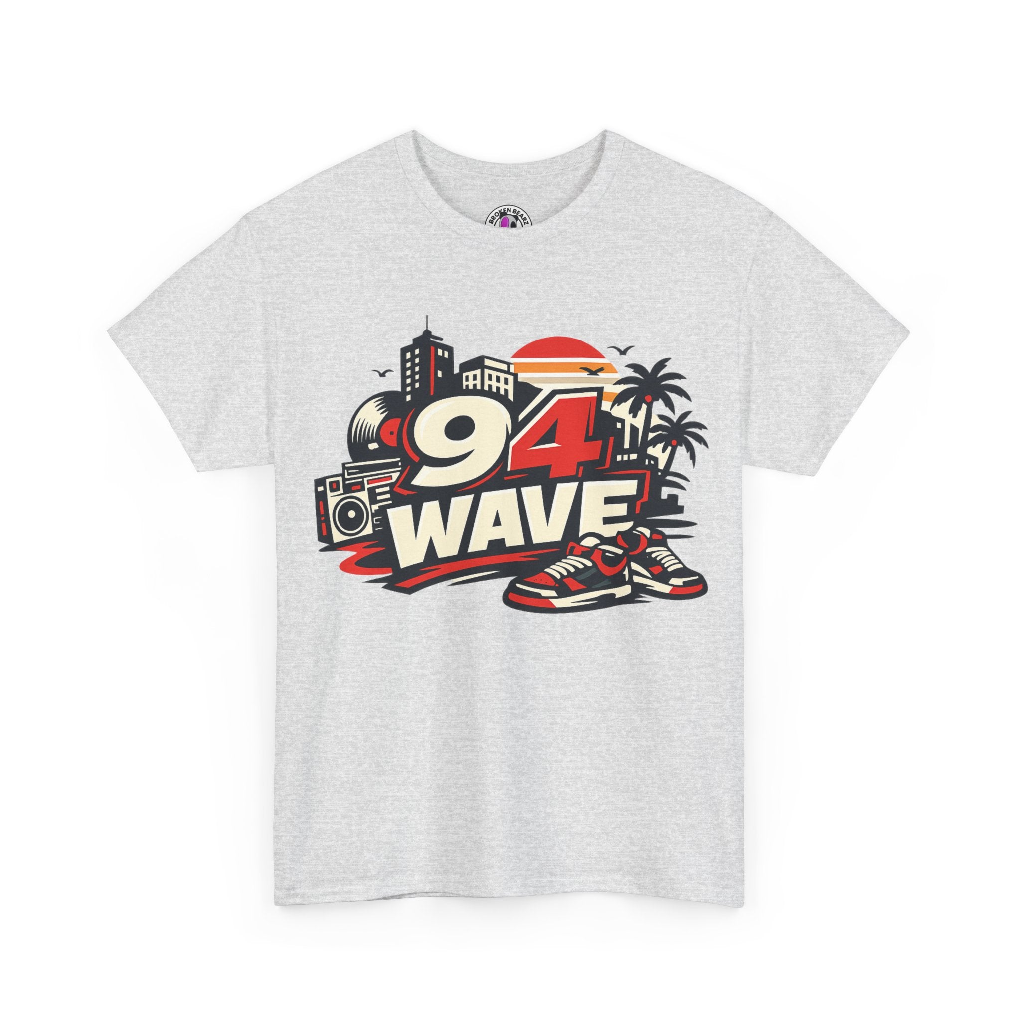 94 Wave Retro Beach Tee — Vintage Radio, Sneakers & Palm Trees Graphic Shirt