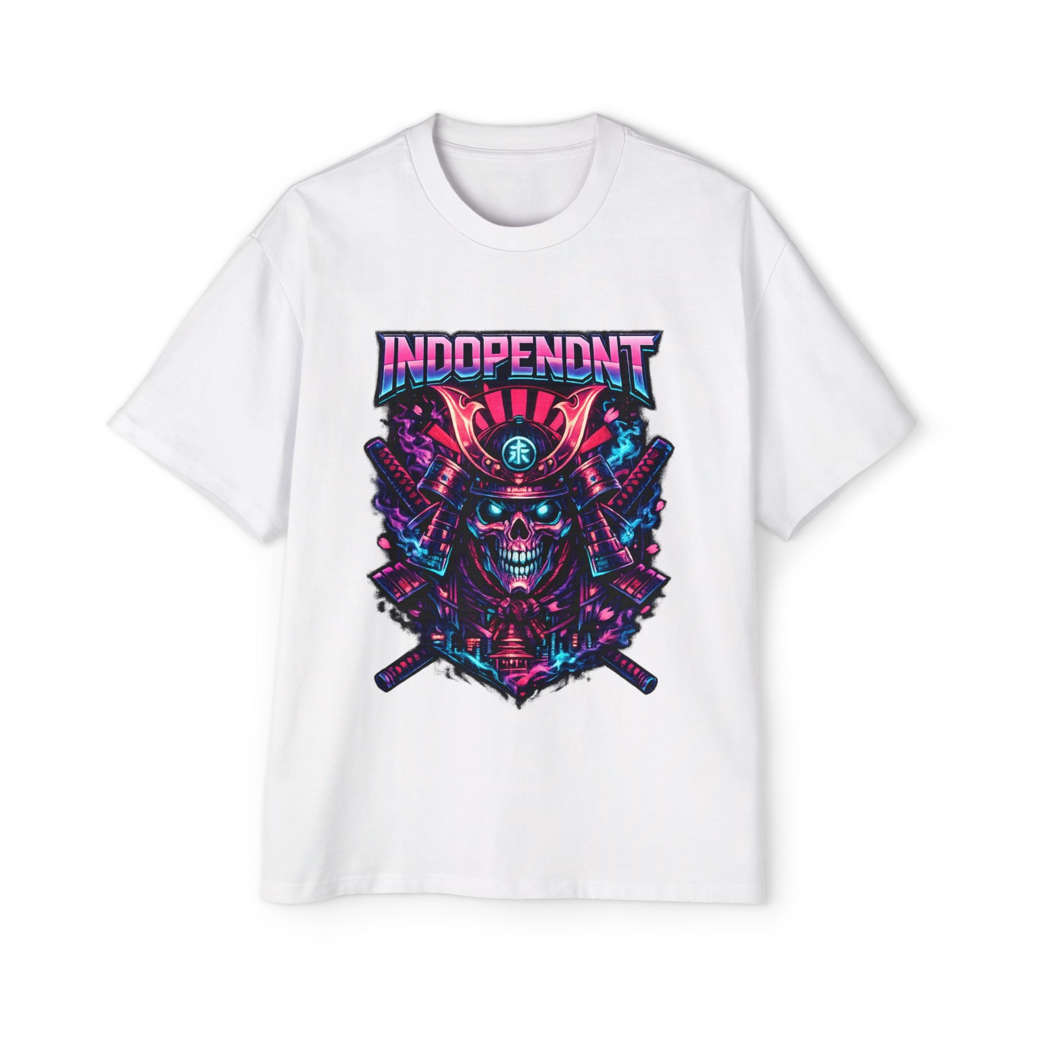 Independent Samurai Skull Tee — Neon Retro Graphic T-Shirt