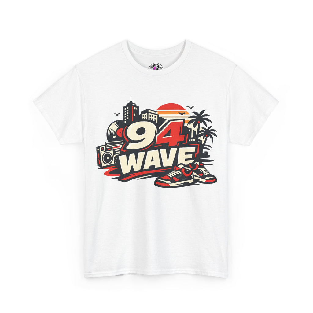94 Wave Retro Beach Tee — Vintage Radio, Sneakers & Palm Trees Graphic Shirt