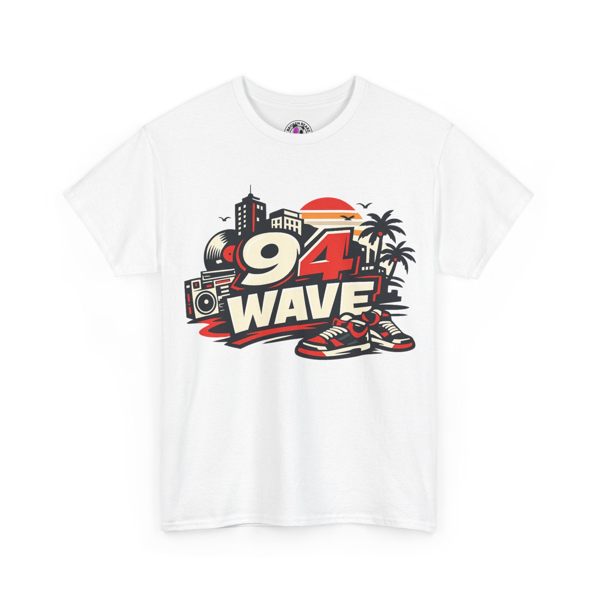 94 Wave Retro Beach Tee — Vintage Radio, Sneakers & Palm Trees Graphic Shirt
