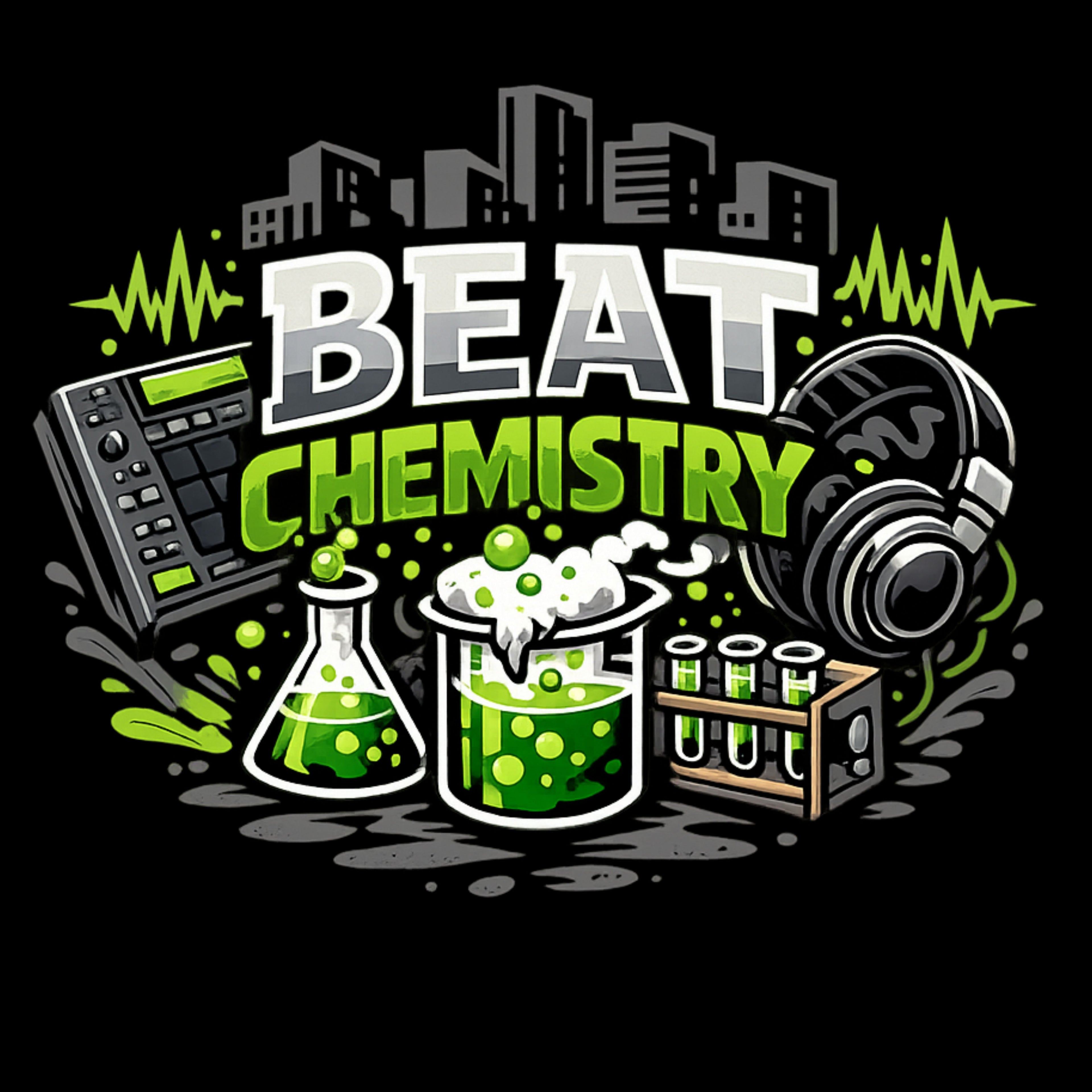 Beat Chemistry T-Shirt — Music Producer DJ Headphones & Lab Beakers Graphic Tee
