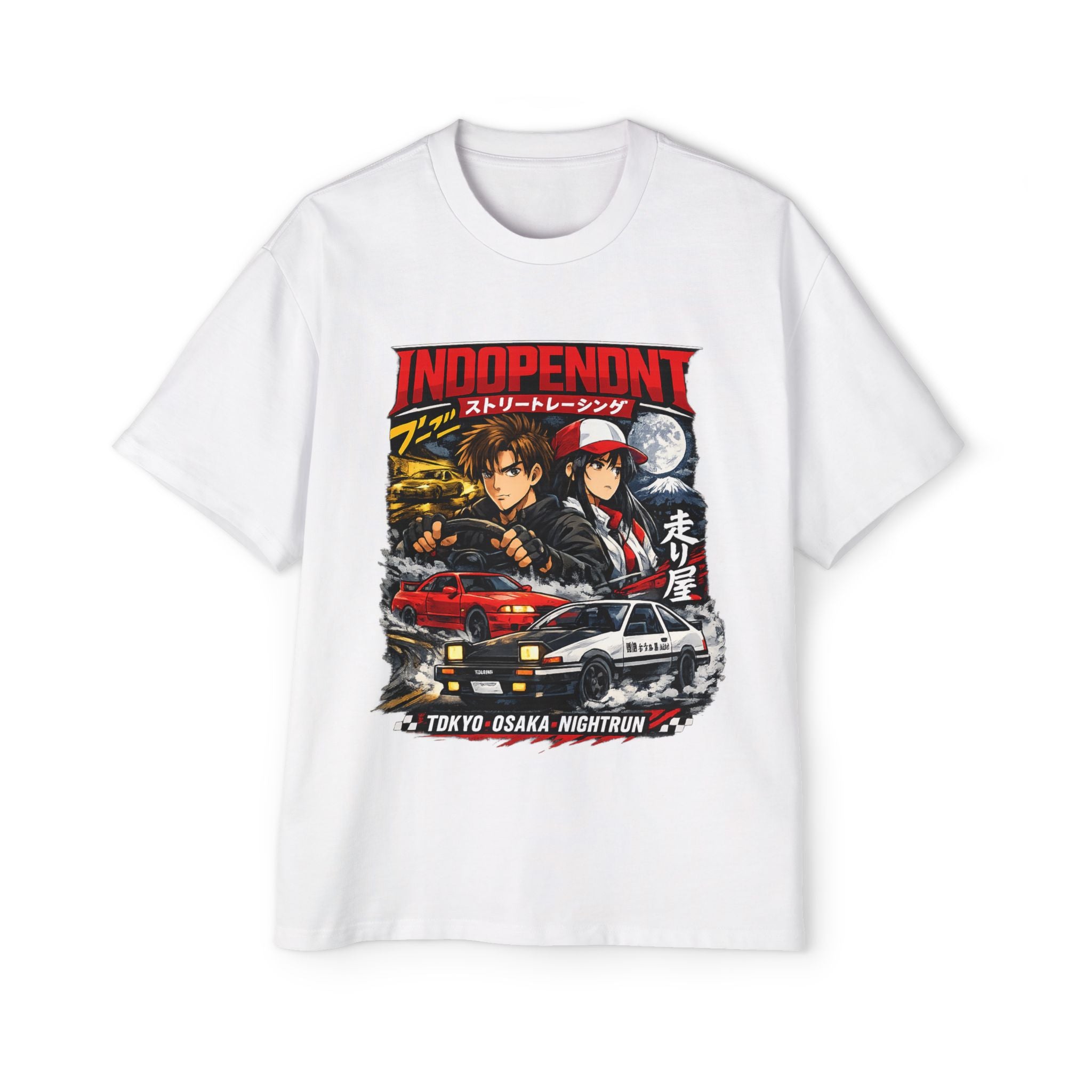 INDOPENDNT Tokyo Night Run Anime Racing Graphic Tee — Men's Oversized Heavy Cotton T-Shirt