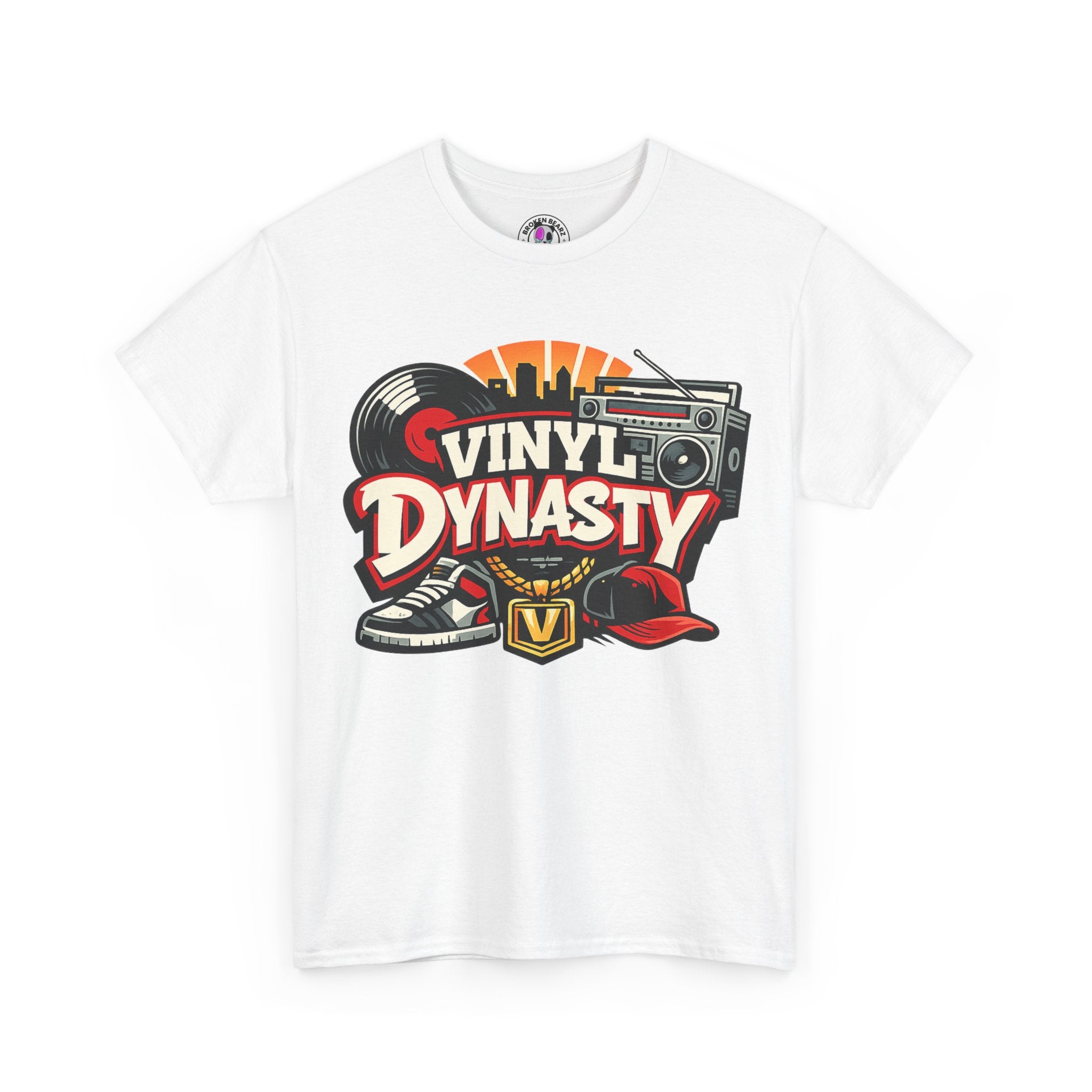 T-Shirt — "Vinyl Dynasty" Retro Music Tee (Record, Boombox & Sneaker Graphic)