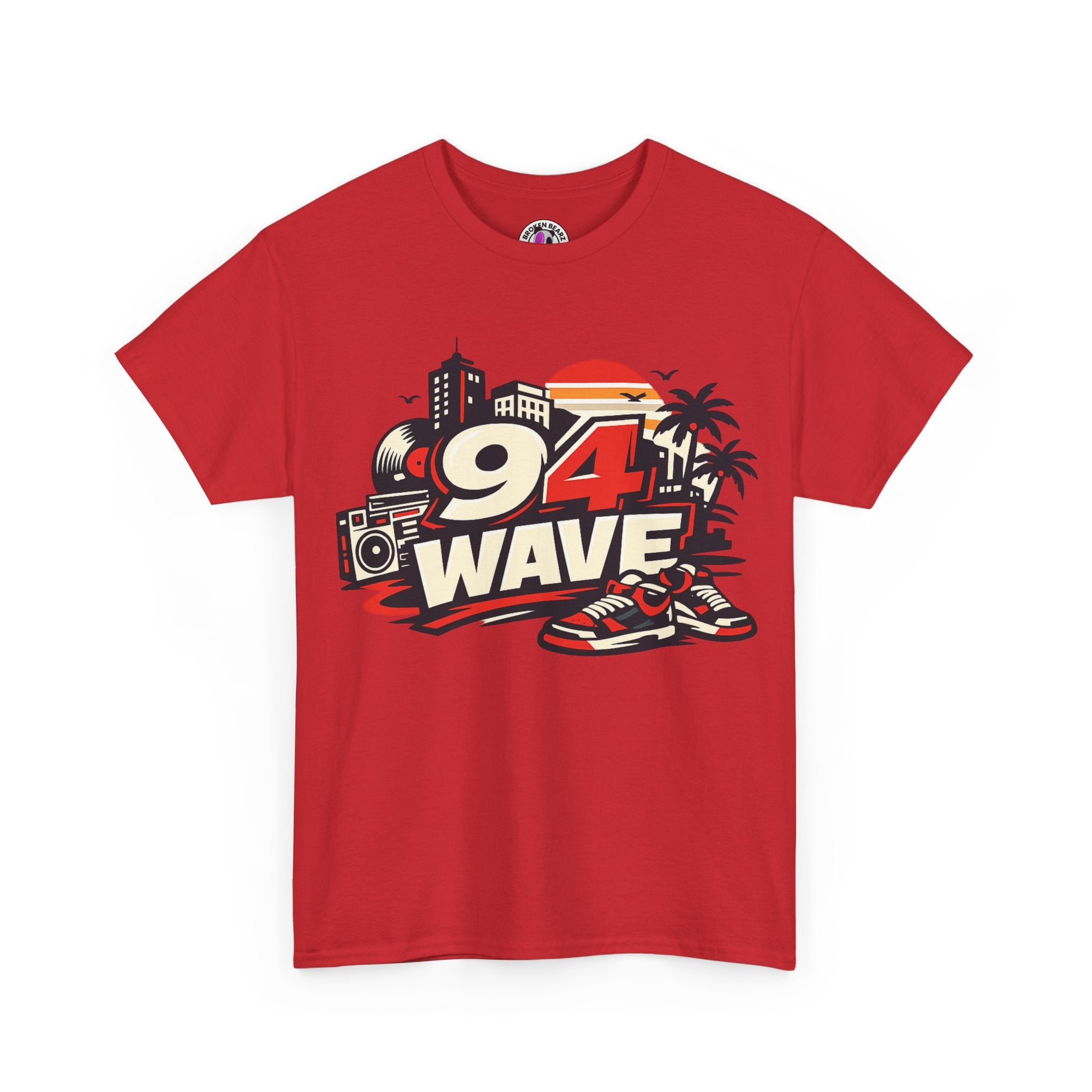 94 Wave Retro Beach Tee — Vintage Radio, Sneakers & Palm Trees Graphic Shirt