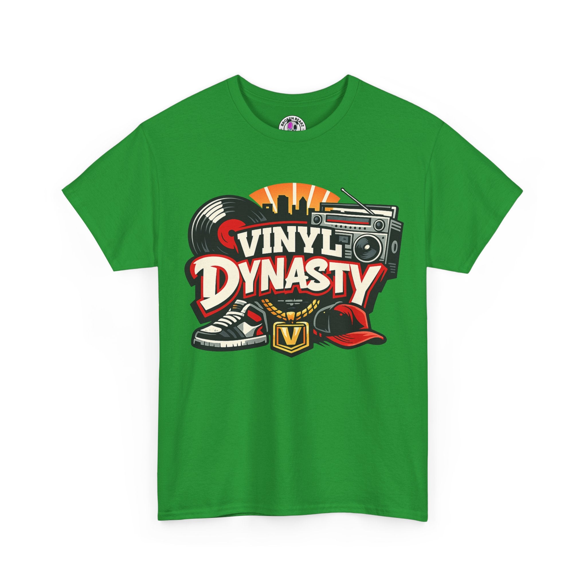 T-Shirt — "Vinyl Dynasty" Retro Music Tee (Record, Boombox & Sneaker Graphic)