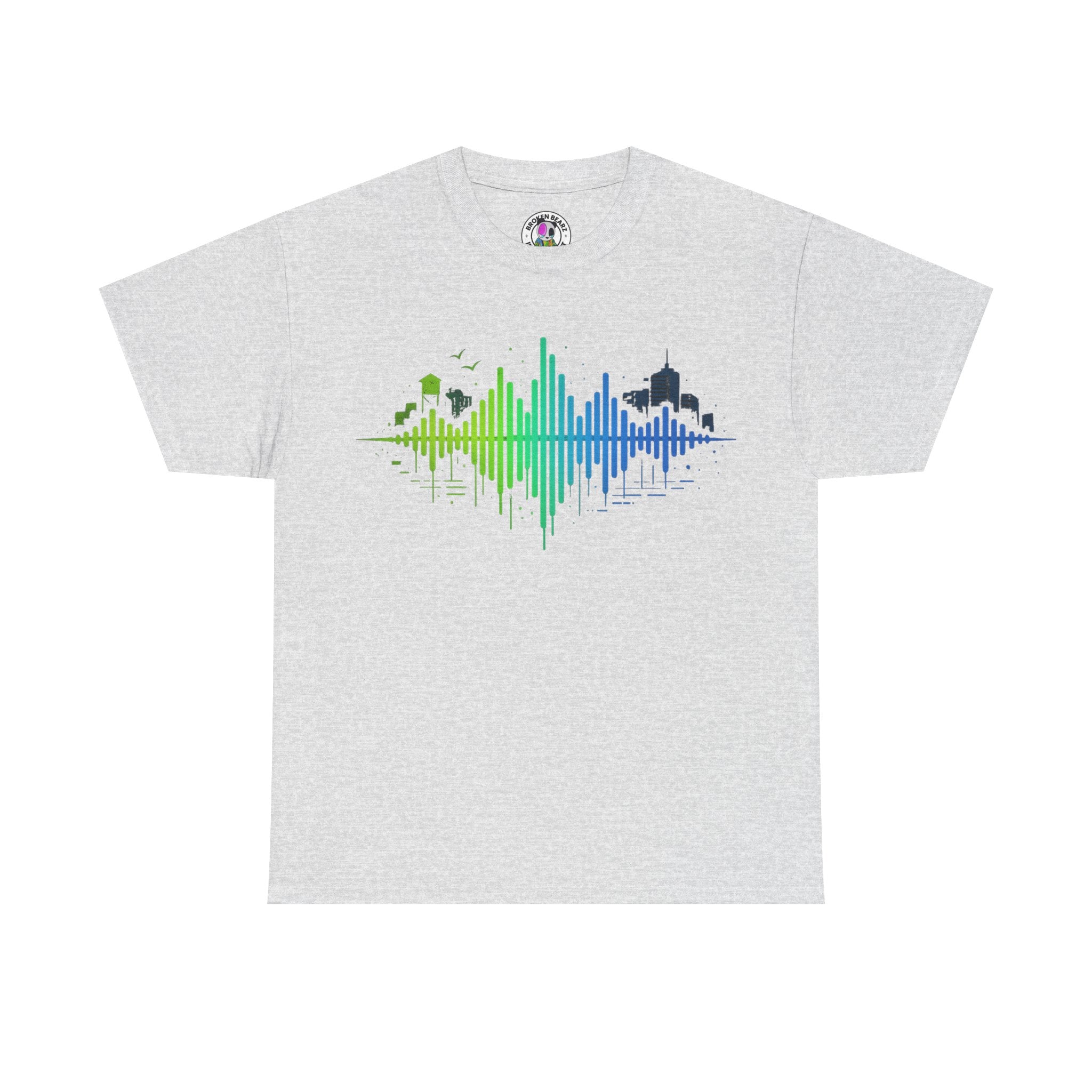 Music Waveform T-Shirt — Colorful Sound Wave Cityscape Tee