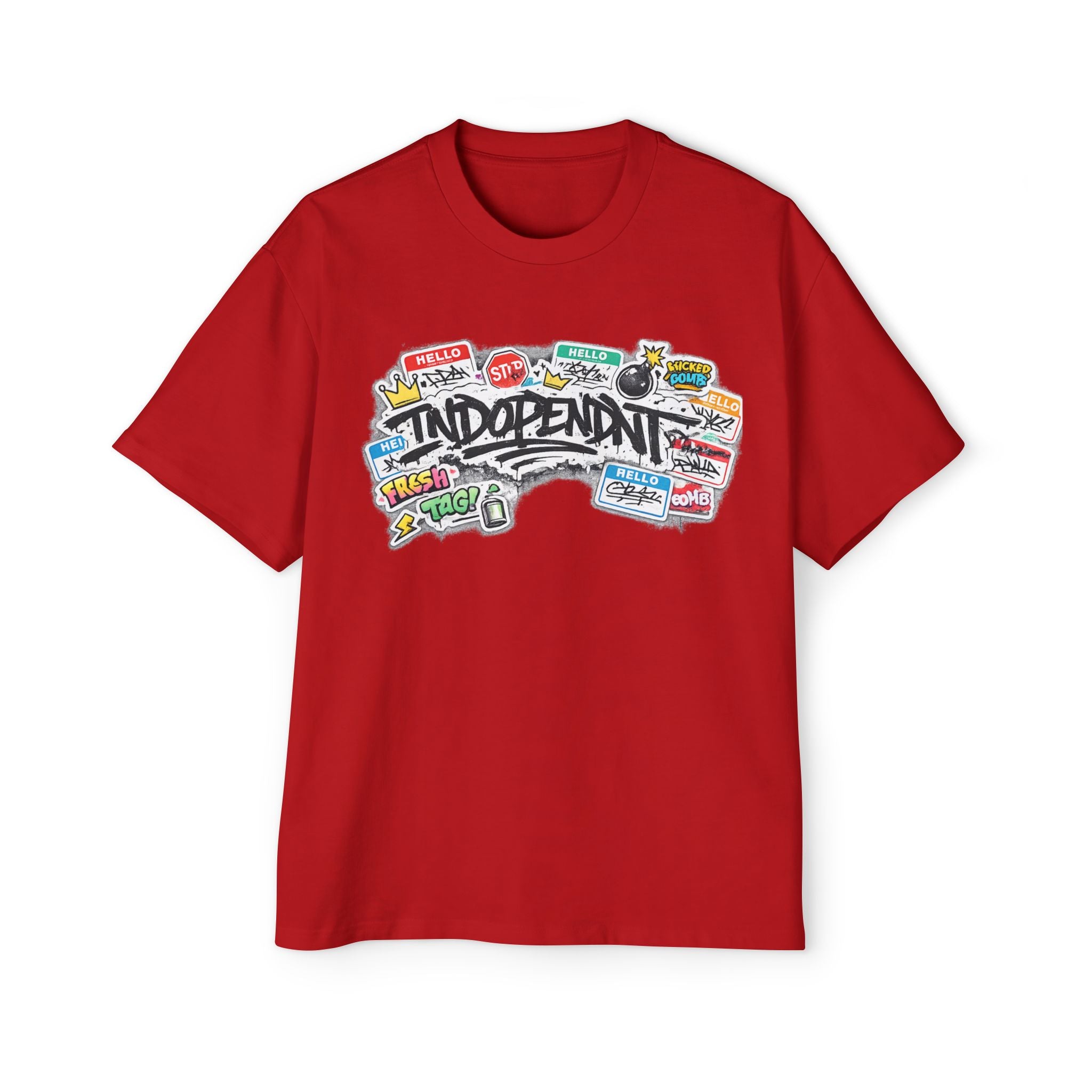 Independent Sticker Collage Graphic Tee — Men's Oversized White T-Shirt
