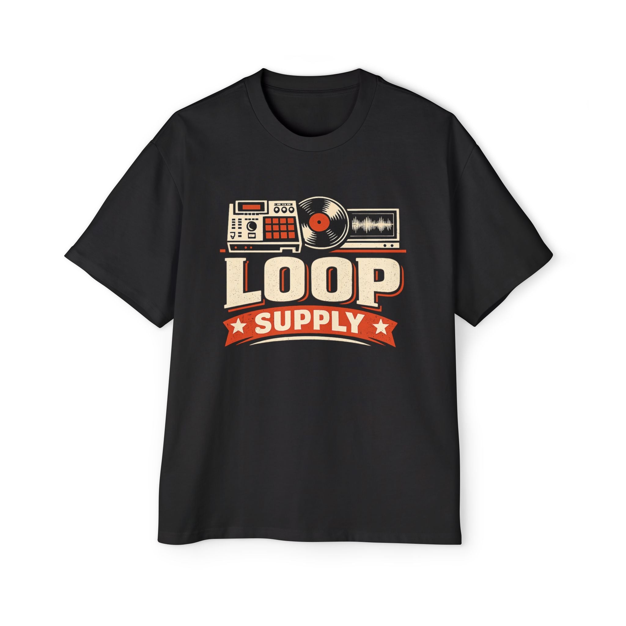 Loop Supply Tee — Retro DJ Turntable & Drum Machine Graphic T-Shirt