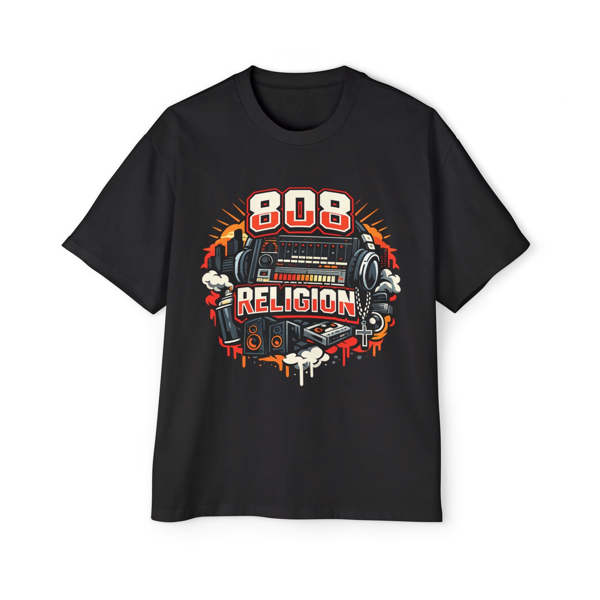 808 Religion Tee — Retro Boombox Graphic T-Shirt for Music Lovers