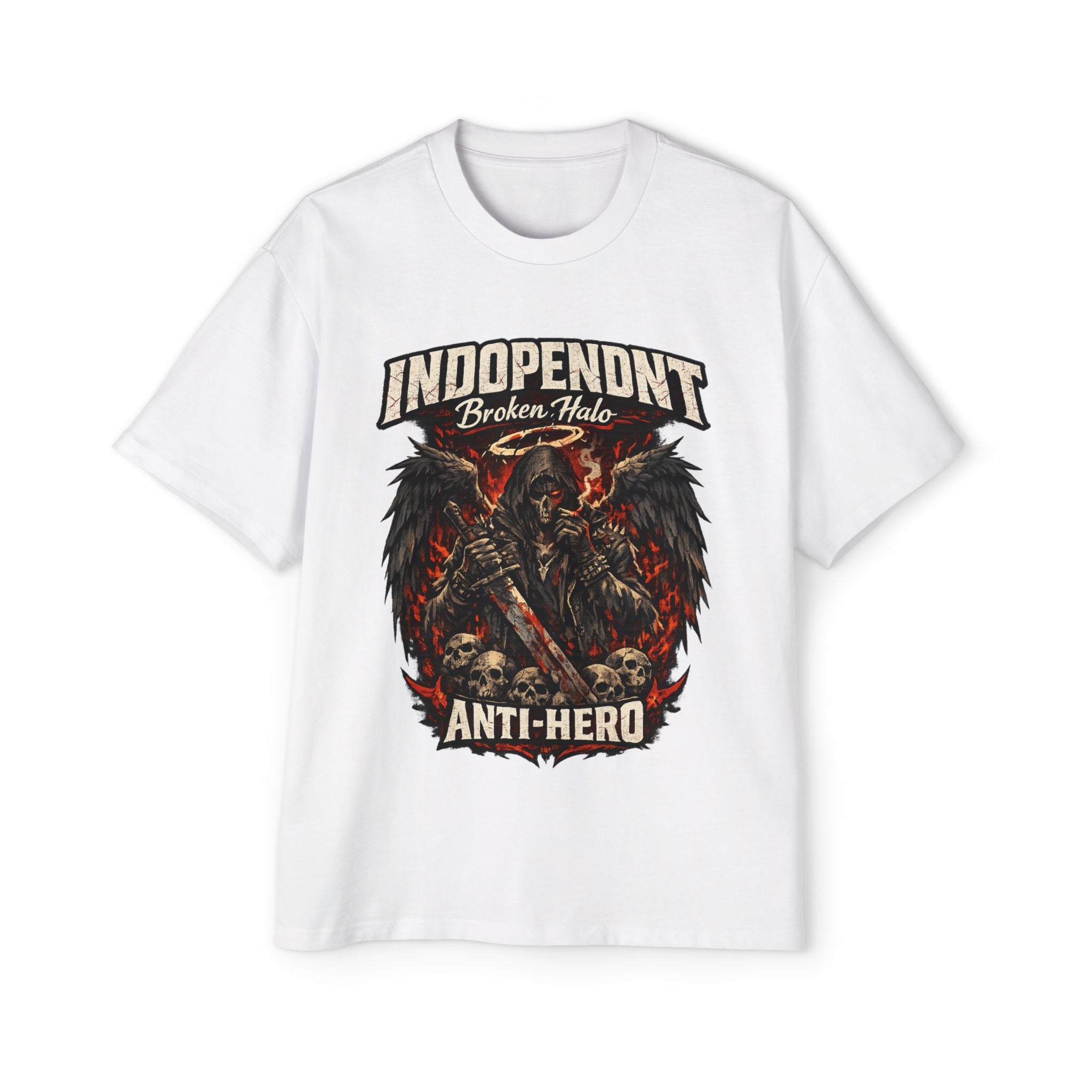 Graphic Tee — "Independent Broken Halo Anti-Hero" Oversized Skull & Wings Design