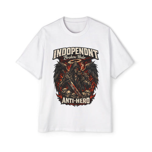 Graphic Tee — "Independent Broken Halo Anti-Hero" Oversized Skull & Wings Design