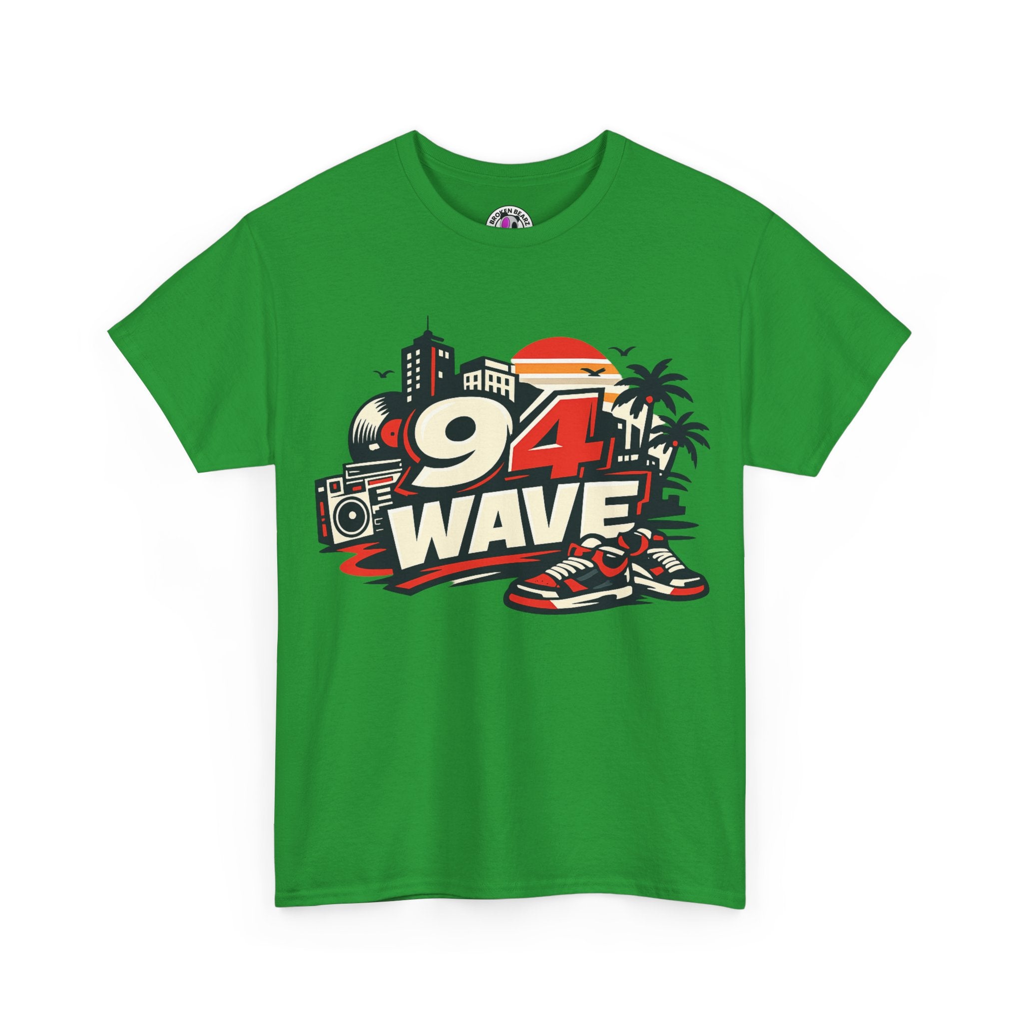 94 Wave Retro Beach Tee — Vintage Radio, Sneakers & Palm Trees Graphic Shirt