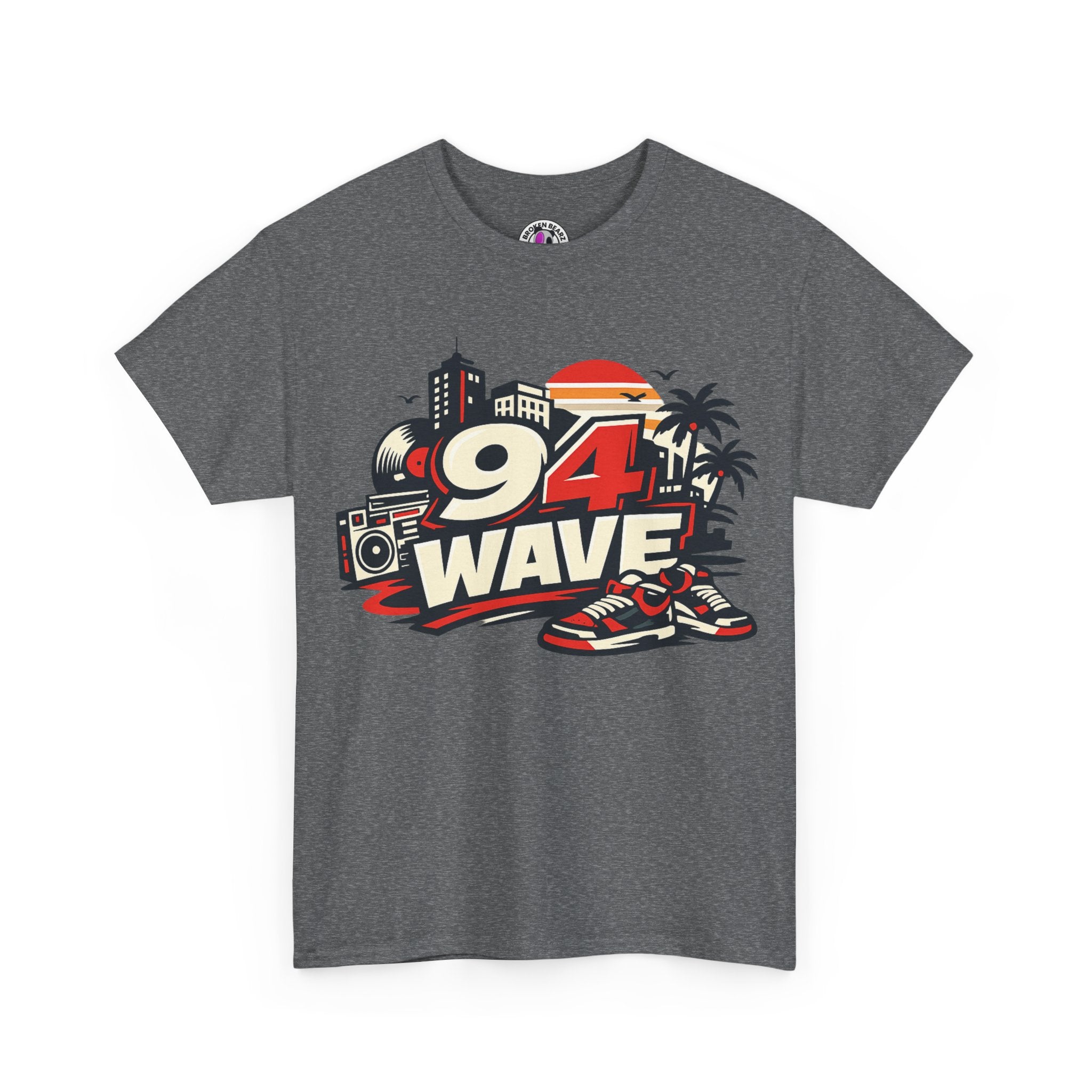 94 Wave Retro Beach Tee — Vintage Radio, Sneakers & Palm Trees Graphic Shirt
