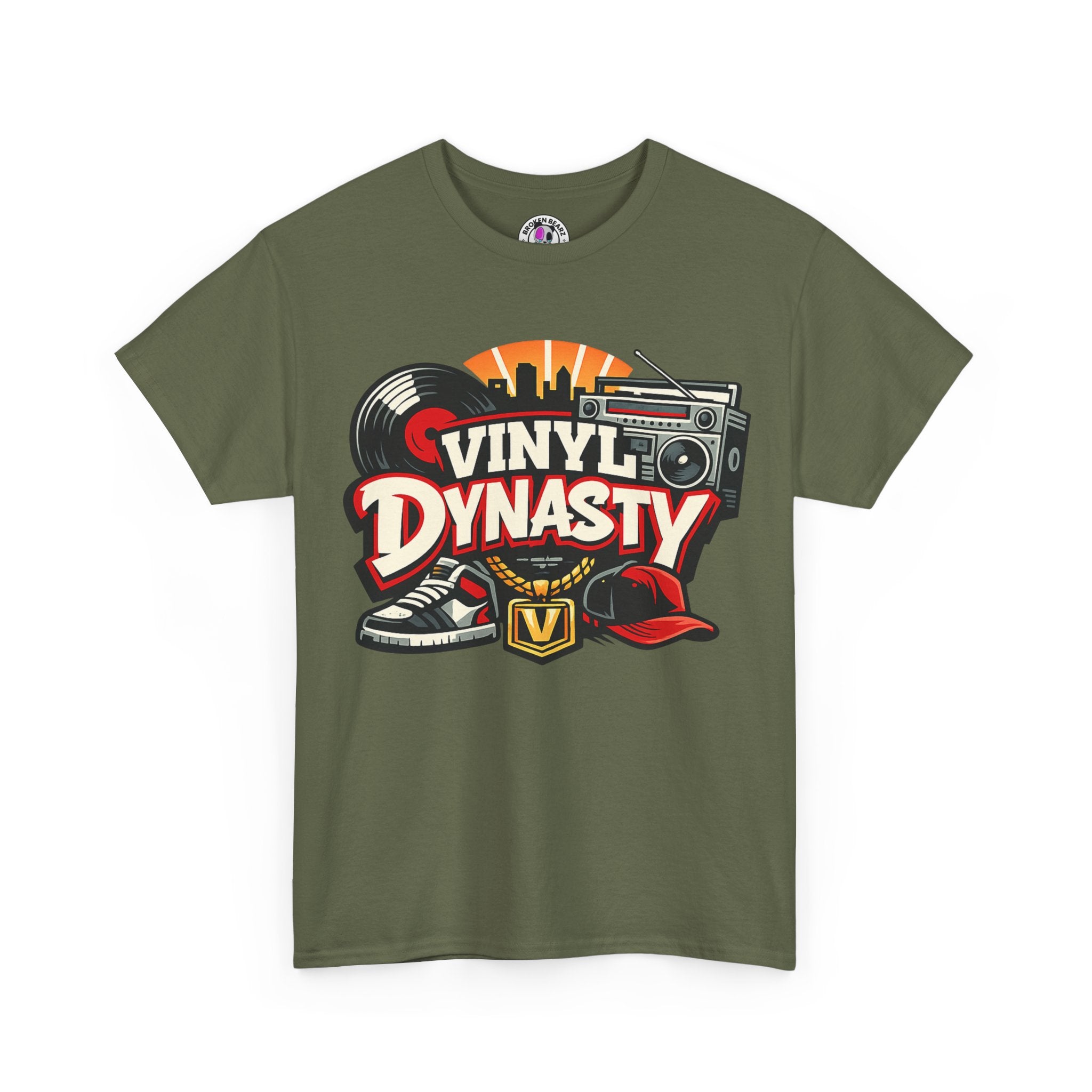 T-Shirt — "Vinyl Dynasty" Retro Music Tee (Record, Boombox & Sneaker Graphic)