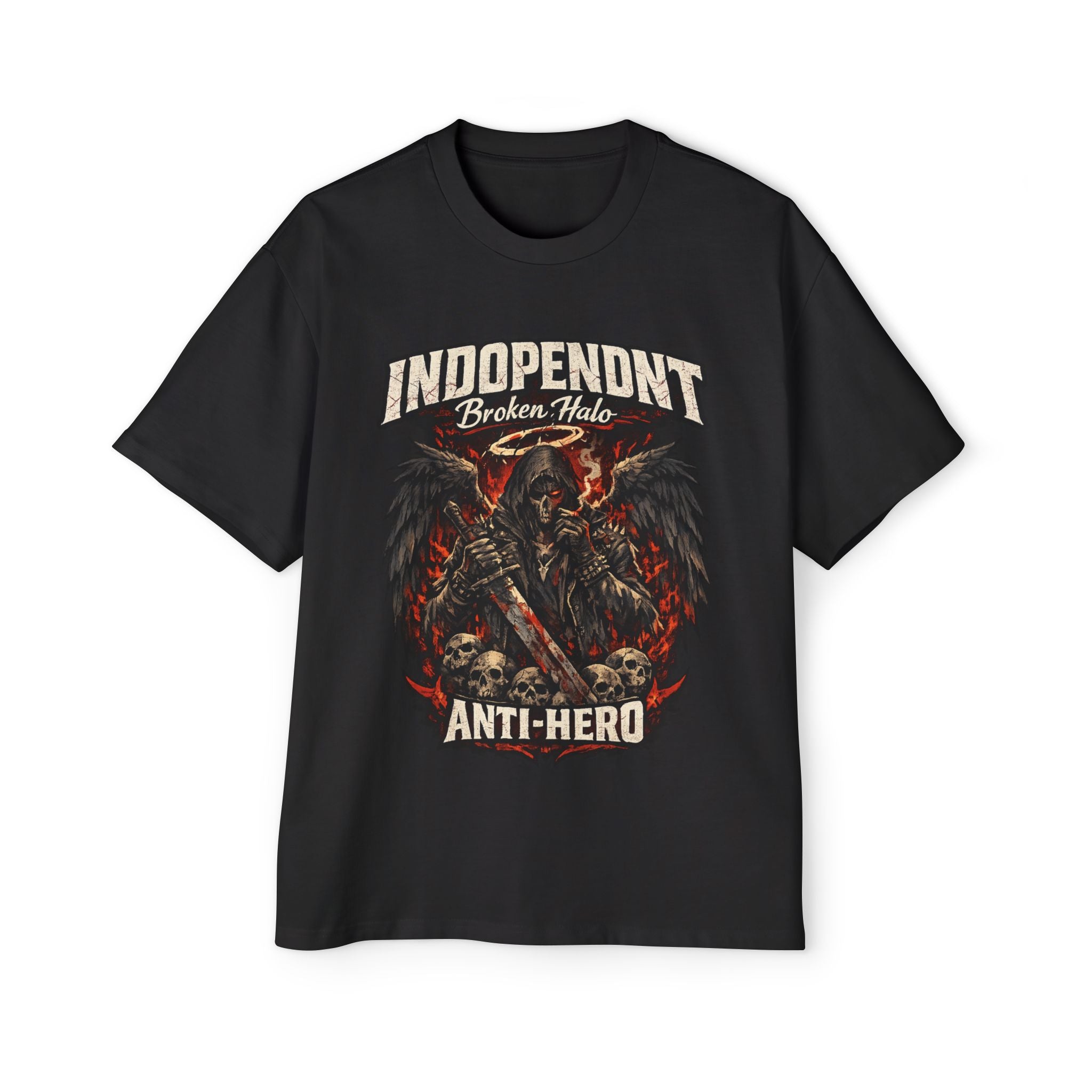 Graphic Tee — "Independent Broken Halo Anti-Hero" Oversized Skull & Wings Design