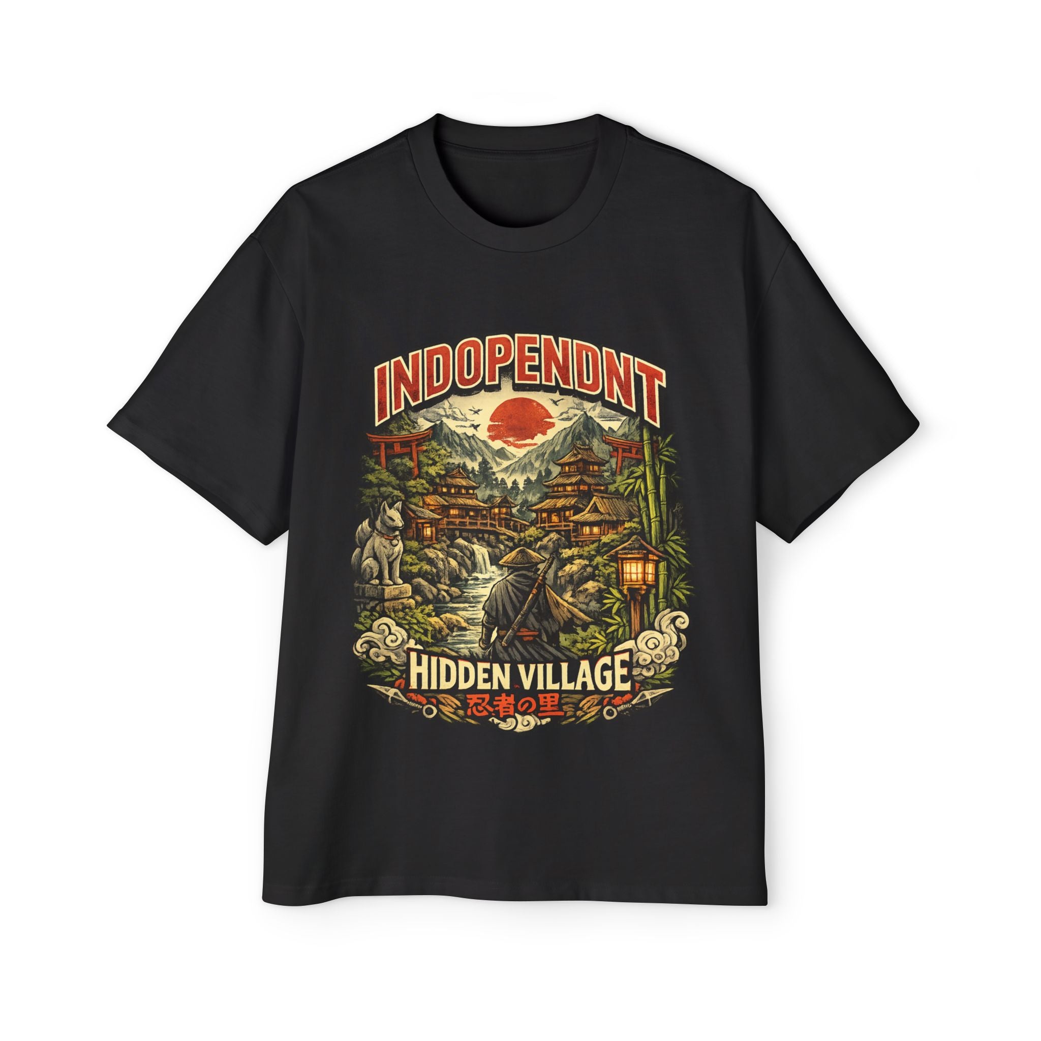 Independent Hidden Village Graphic Tee — Samurai Sunset Japanese Landscape Shirt