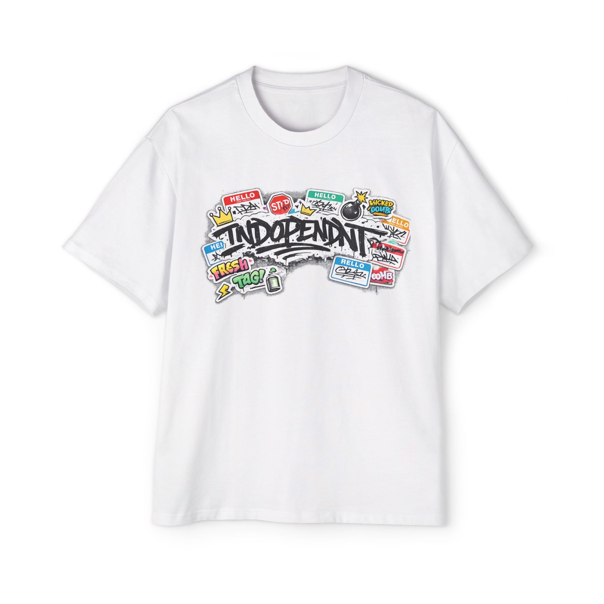 Independent Sticker Collage Graphic Tee — Men's Oversized White T-Shirt