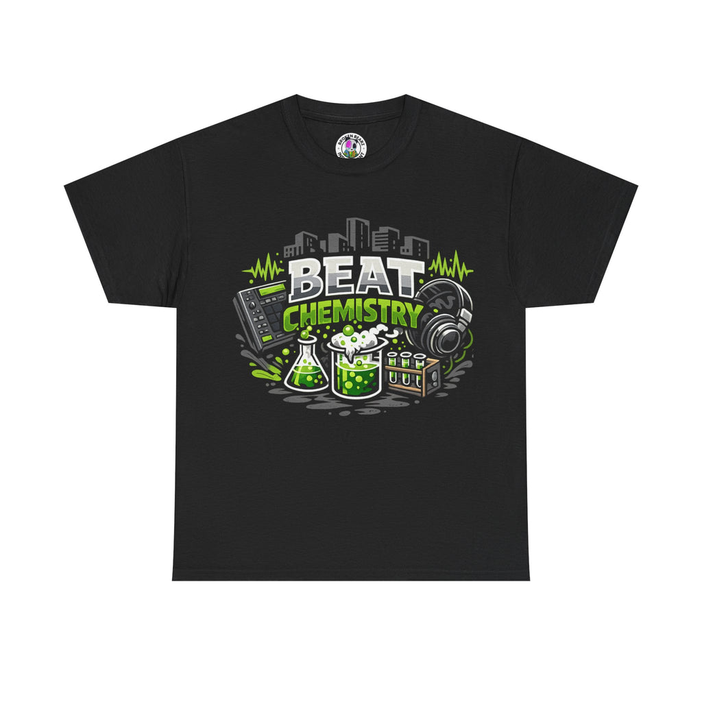 Beat Chemistry T-Shirt — Music Producer DJ Headphones & Lab Beakers Graphic Tee