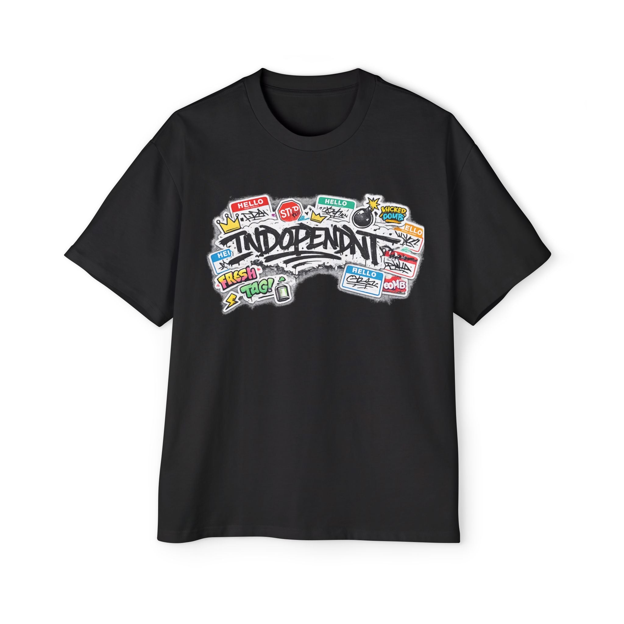 Independent Sticker Collage Graphic Tee — Men's Oversized White T-Shirt