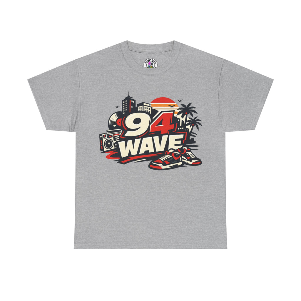 94 Wave Retro Beach Tee — Vintage Radio, Sneakers & Palm Trees Graphic Shirt