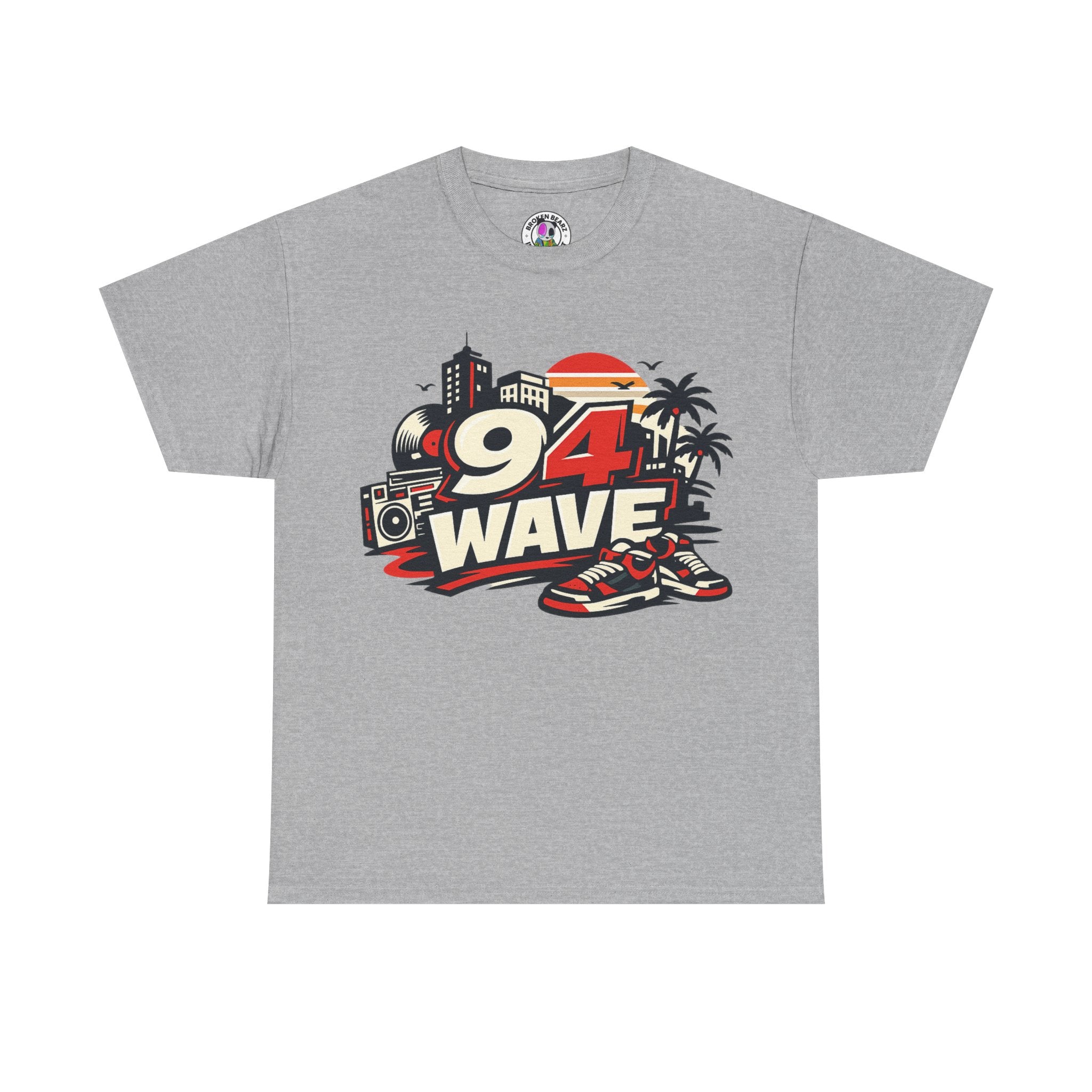 94 Wave Retro Beach Tee — Vintage Radio, Sneakers & Palm Trees Graphic Shirt